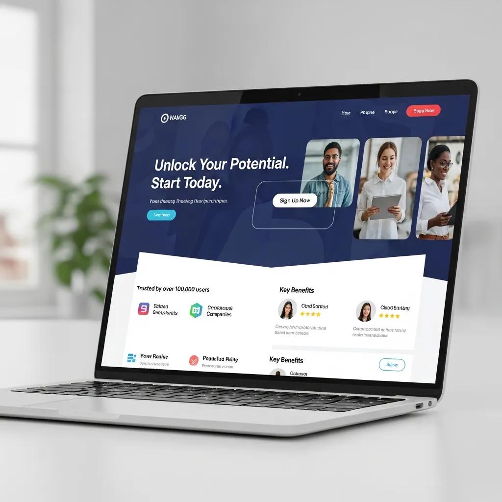 Laptop displaying a modern landing page focused on conversion elements