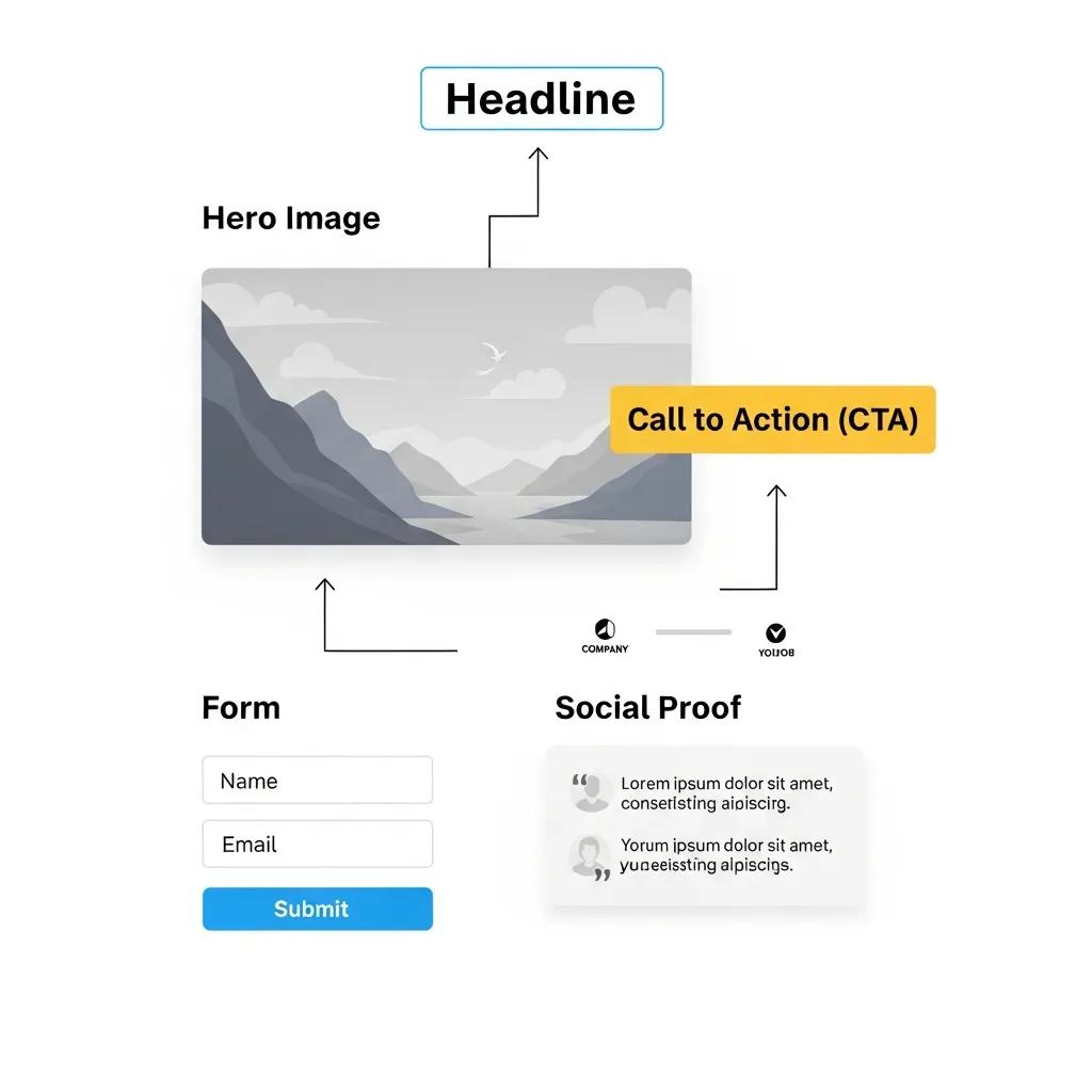 Diagram of a landing page highlighting headline, hero image, CTA, form, and social proof