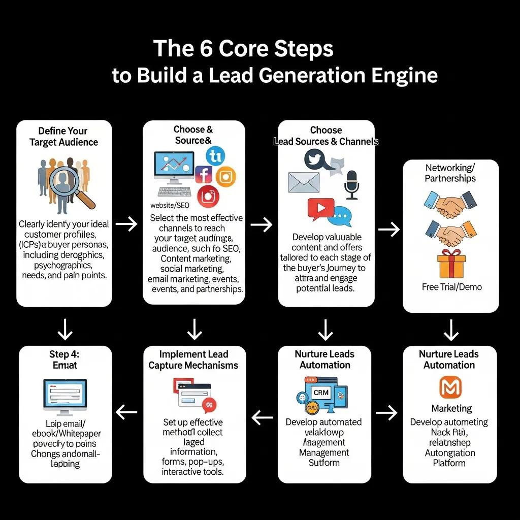 Diagram showing six core steps to build a lead generation engine