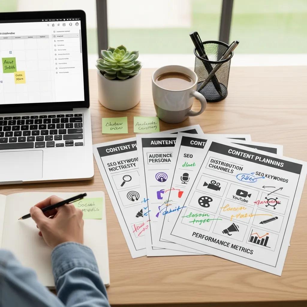Desk with a laptop and printed templates showing tools for content planning
