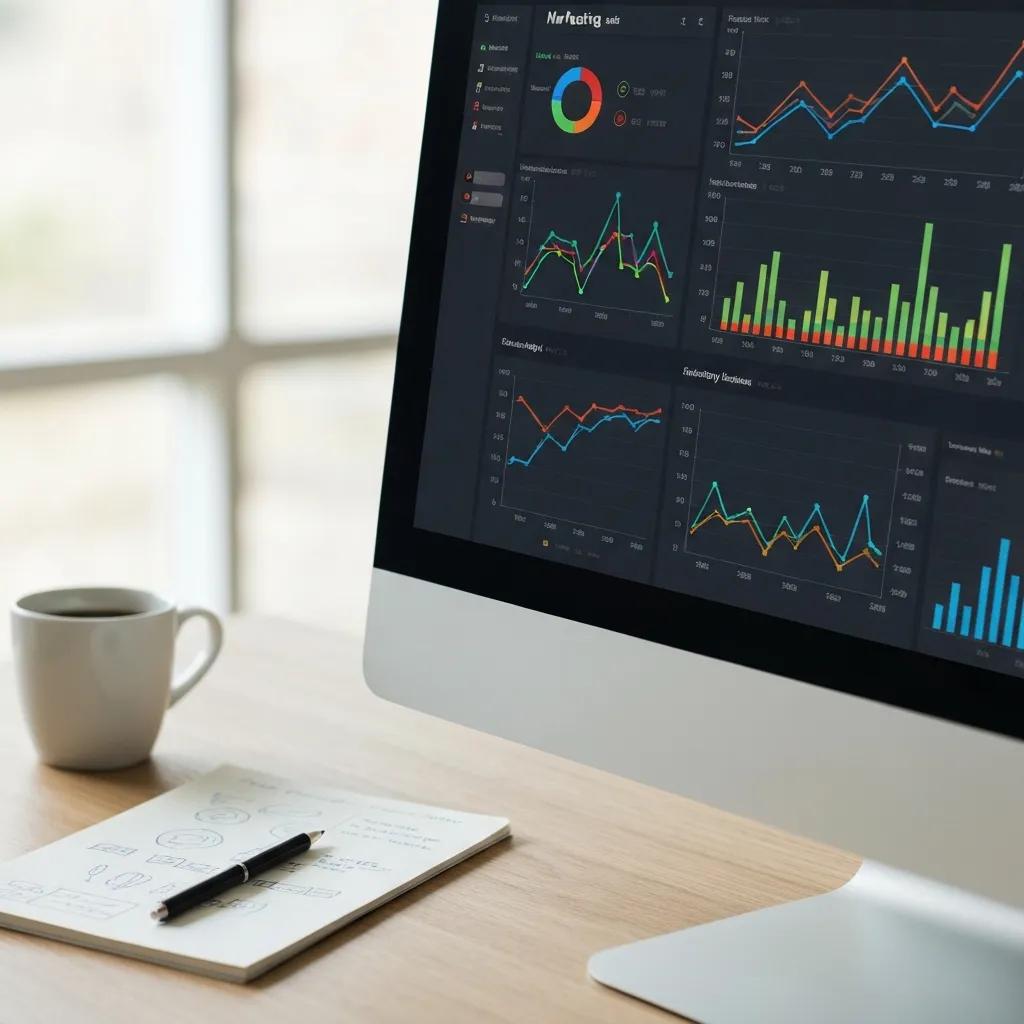 Close-up of a marketing dashboard with colorful charts on a desk