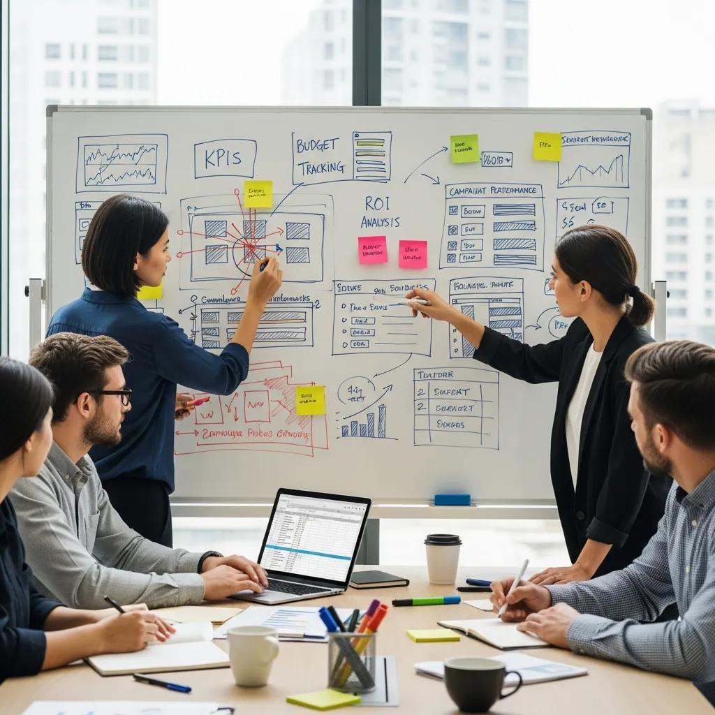 Team collaborating on building a marketing performance dashboard with sketches and notes