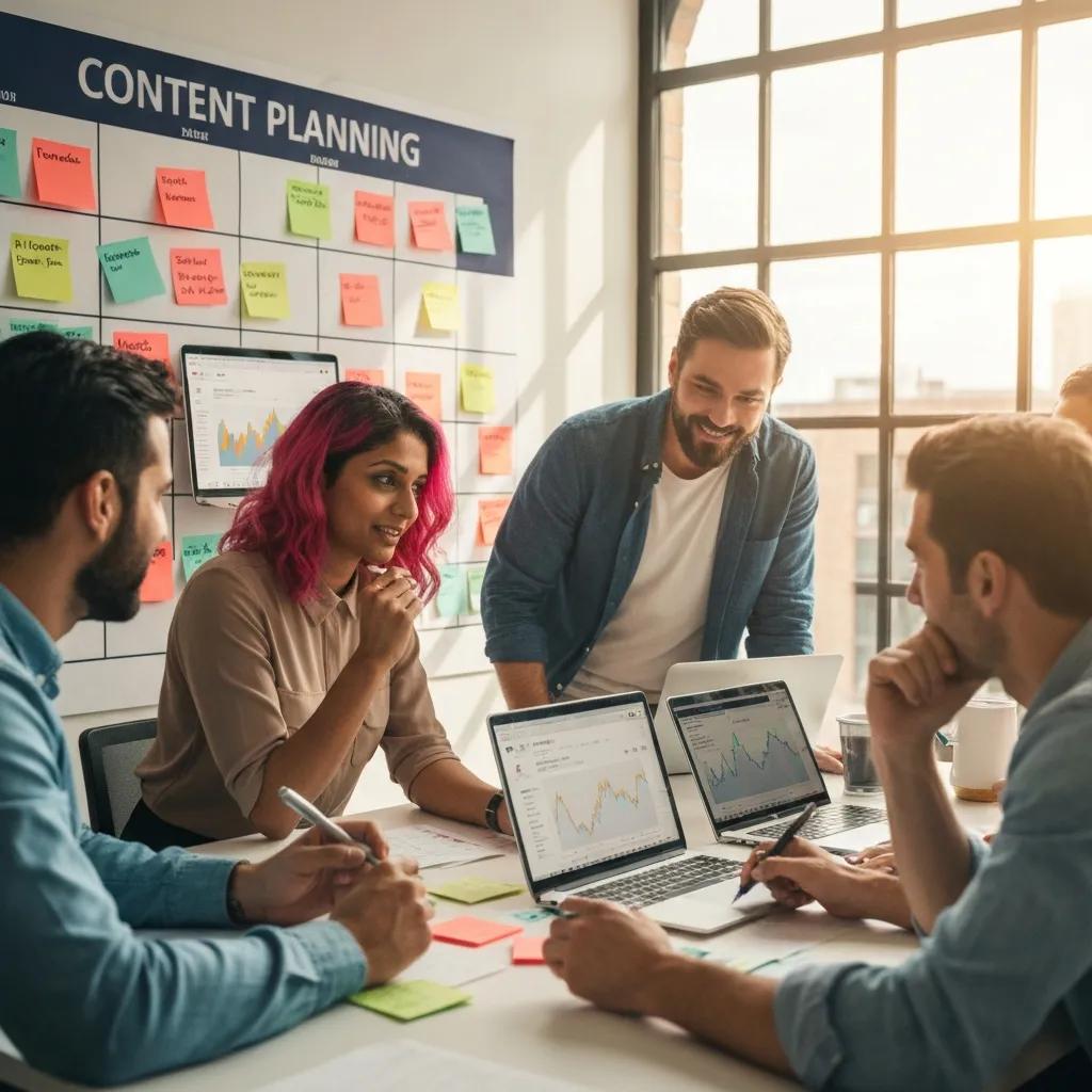 Marketing team building a content calendar for social engagement in a collaborative meeting