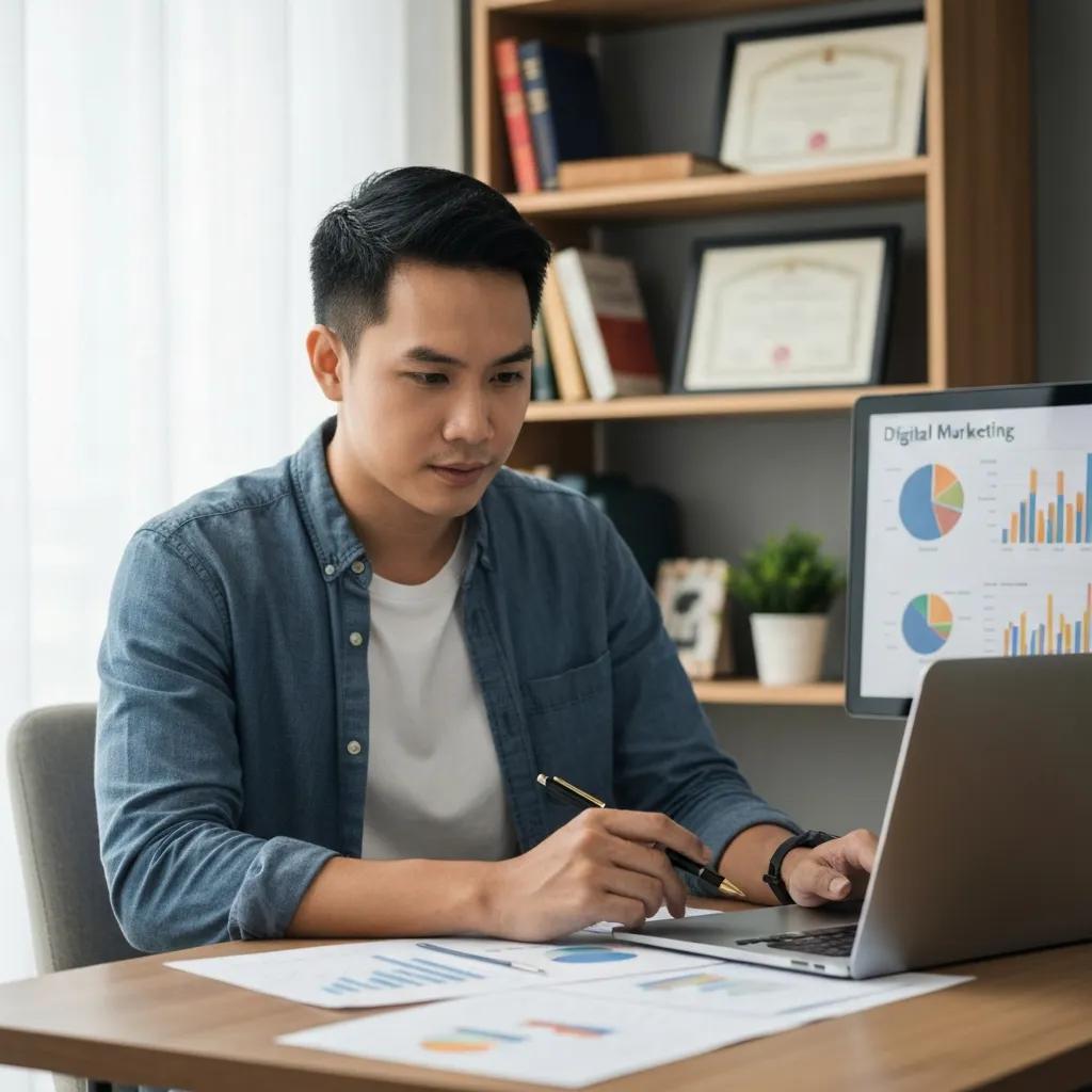 Small business owner analyzing digital marketing KPIs in a cozy office