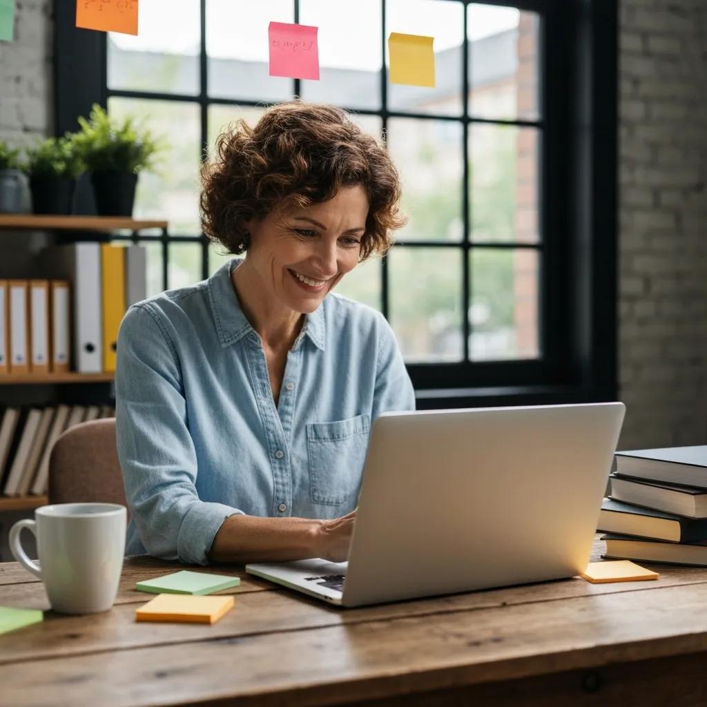 Small business owner analyzing keyword data on a laptop in a cozy workspace