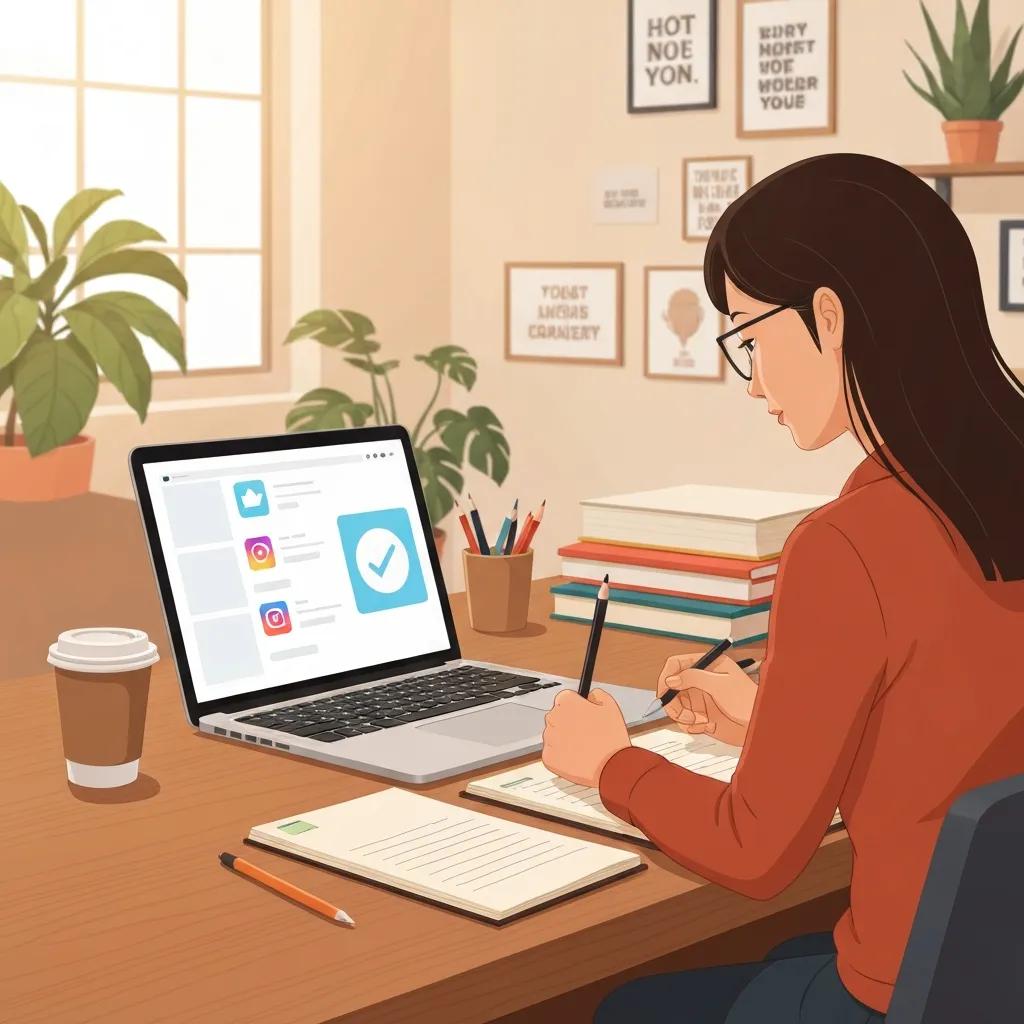 Small business owner developing a social media strategy in a cozy office setting