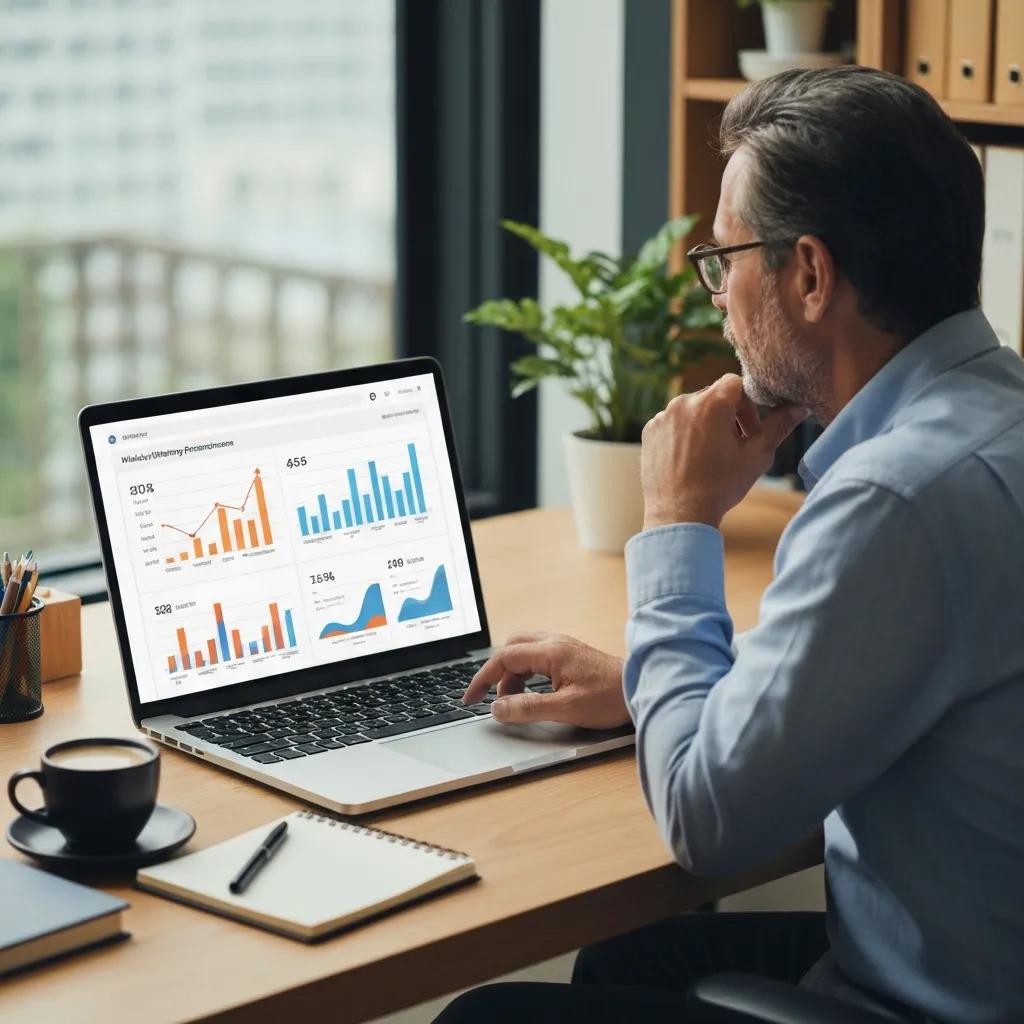 Small business owner reviewing a marketing performance dashboard in a cozy office