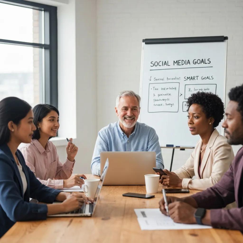 Small business owners planning measurable SMART social media goals in a modern workspace