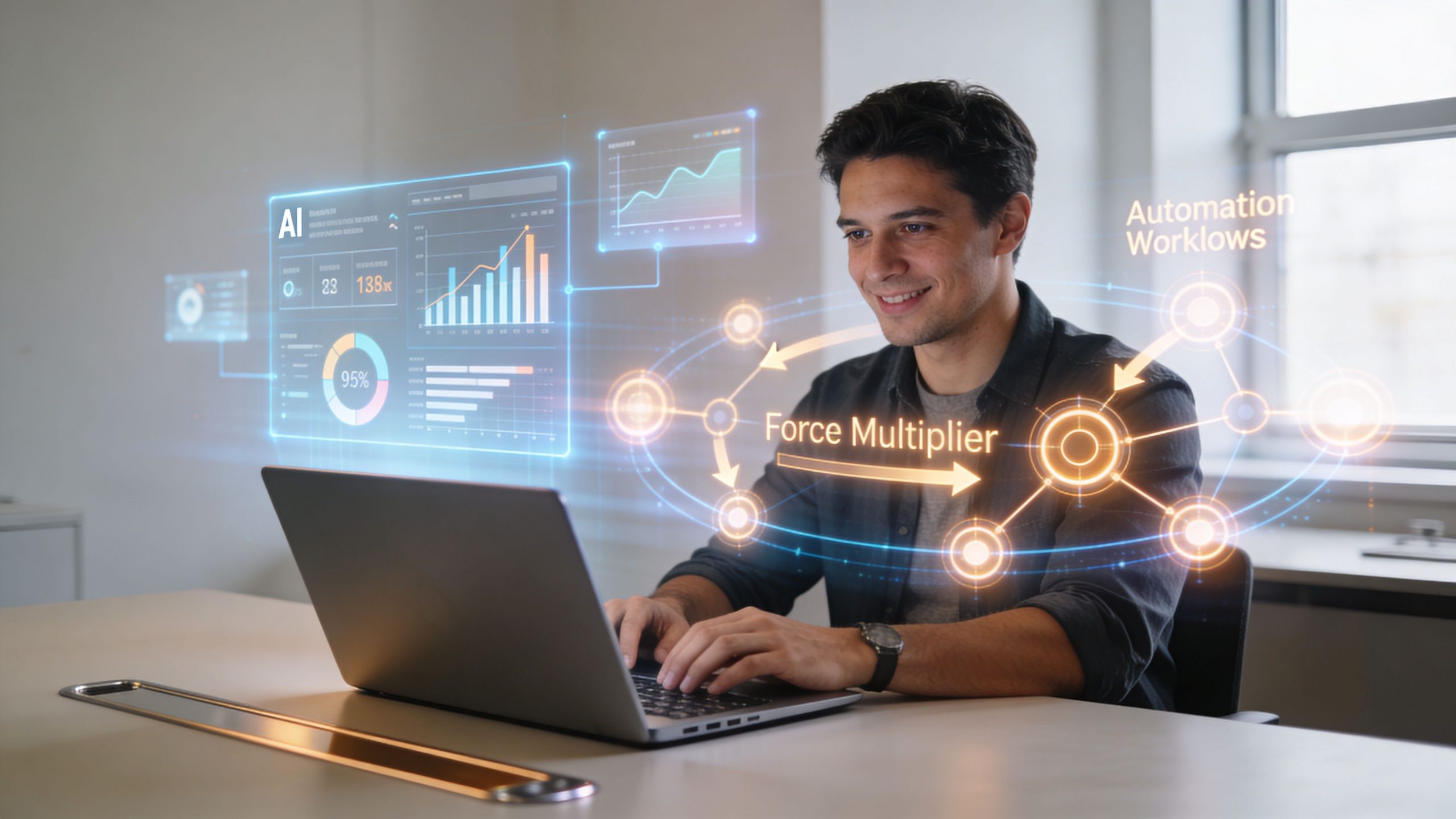 A professional man using a laptop with futuristic holographic displays showing business analytics and automation workflows.