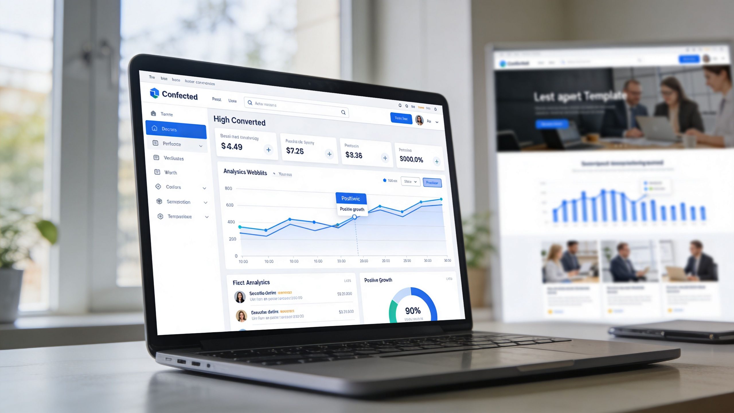 A modern laptop displaying a digital marketing analytics dashboard with charts on a bright office desk.