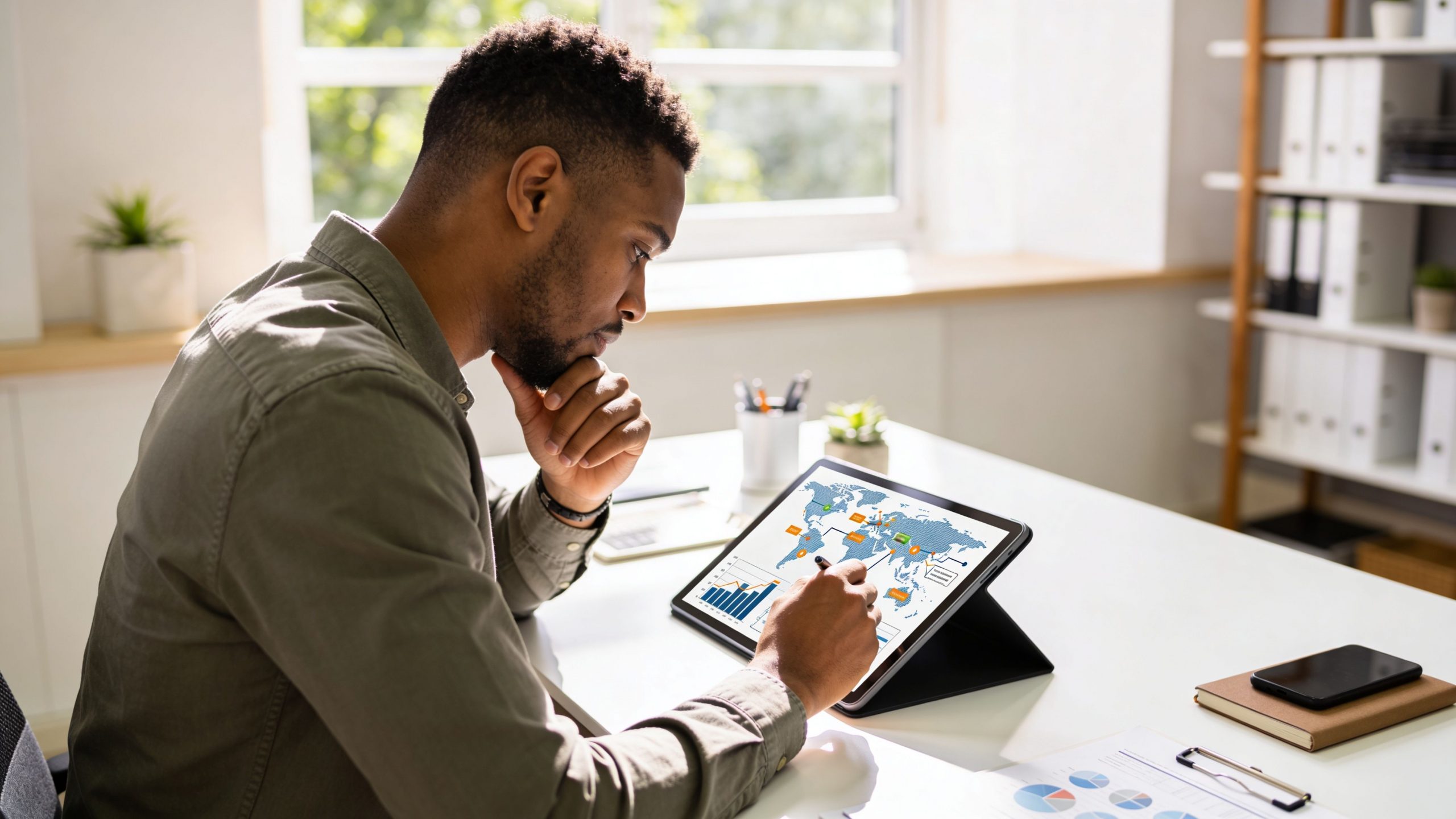 A professional man analyzing global marketing data on a tablet while sitting at his office desk.