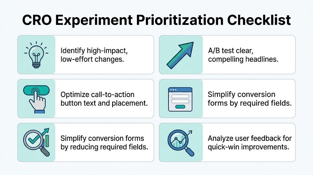 A checklist infographic illustrating key strategies for effective conversion rate optimization experiments on a website.