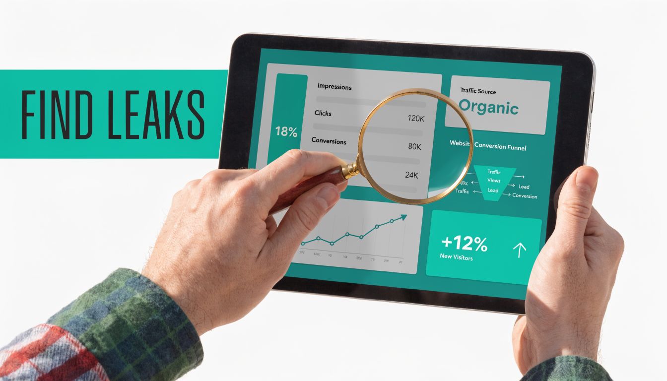 A person holding a tablet showing marketing metrics with a magnifying glass examining conversion data points.