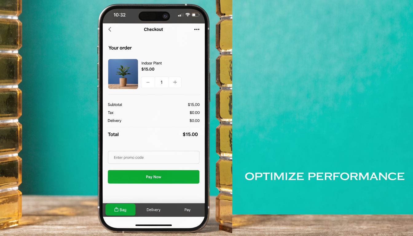 A smartphone screen displaying a checkout page for an e-commerce store with an indoor plant product image.