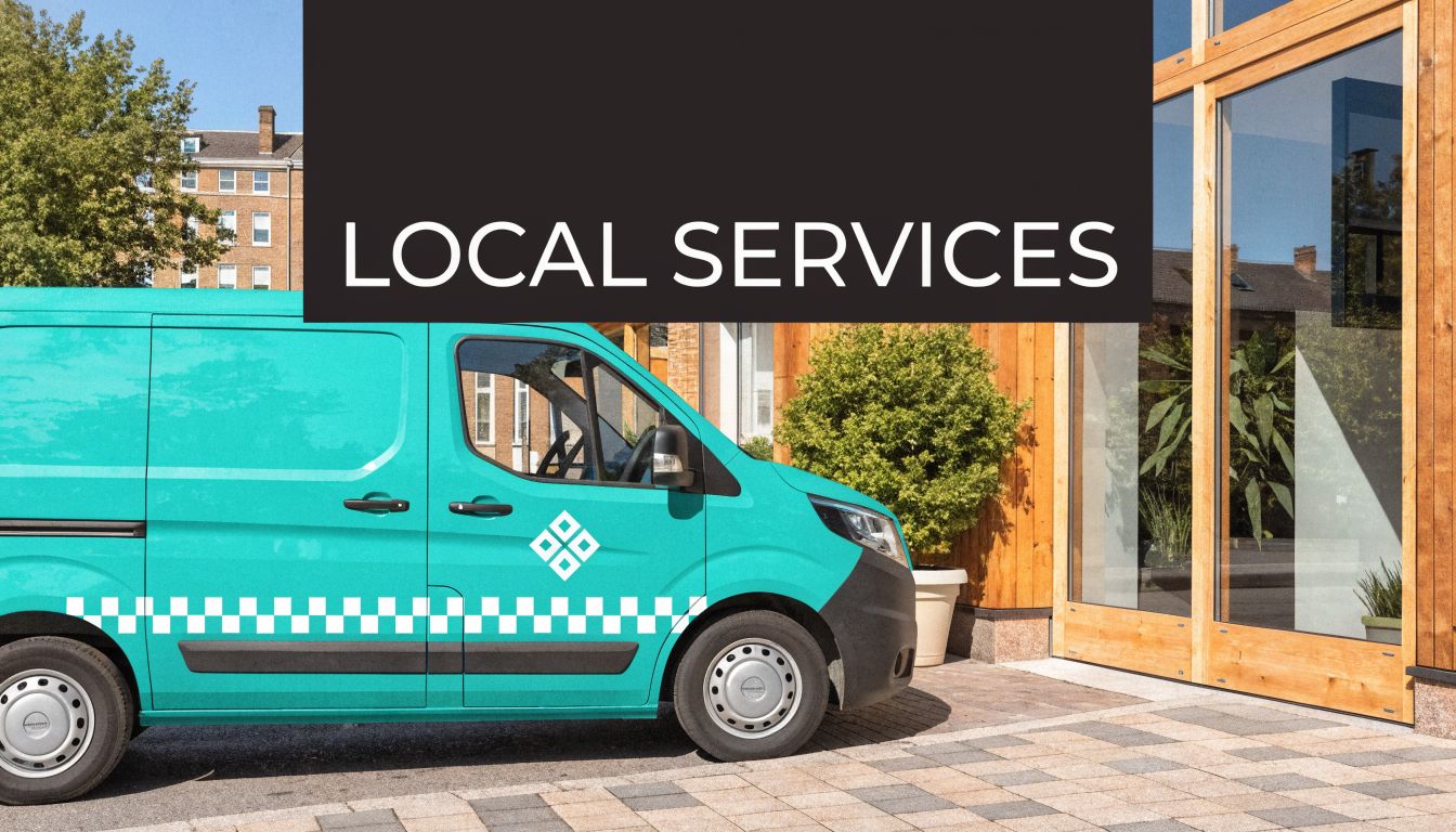 A turquoise service van parked in front of a modern wooden building with the text Local Services overlaid.