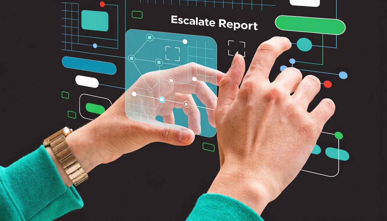A person using a futuristic interface to manage digital reporting tasks with a glowing holographic display