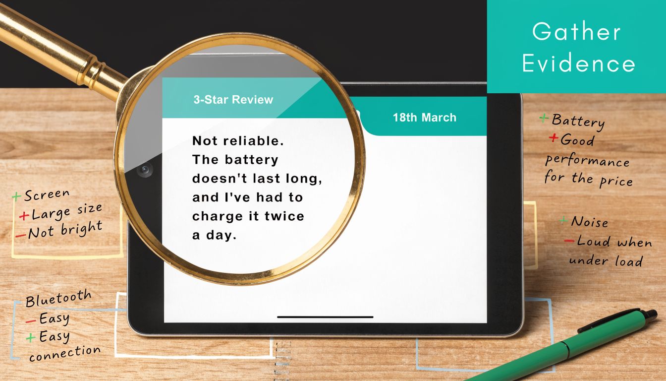 A magnifying glass inspecting a product review on a tablet screen with annotated feedback notes nearby.