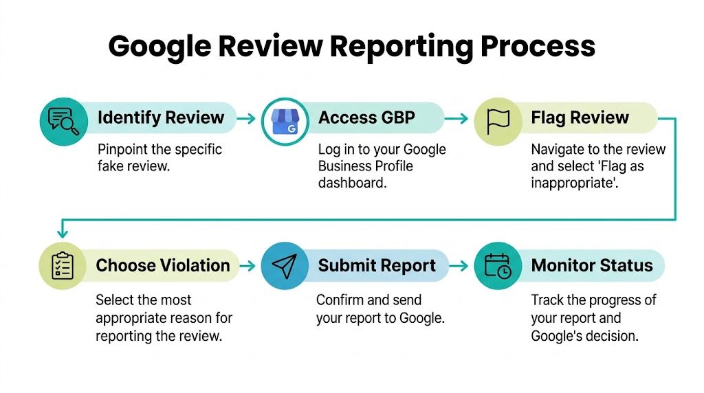 An infographic showing the six step process for reporting fake Google business reviews to Google.