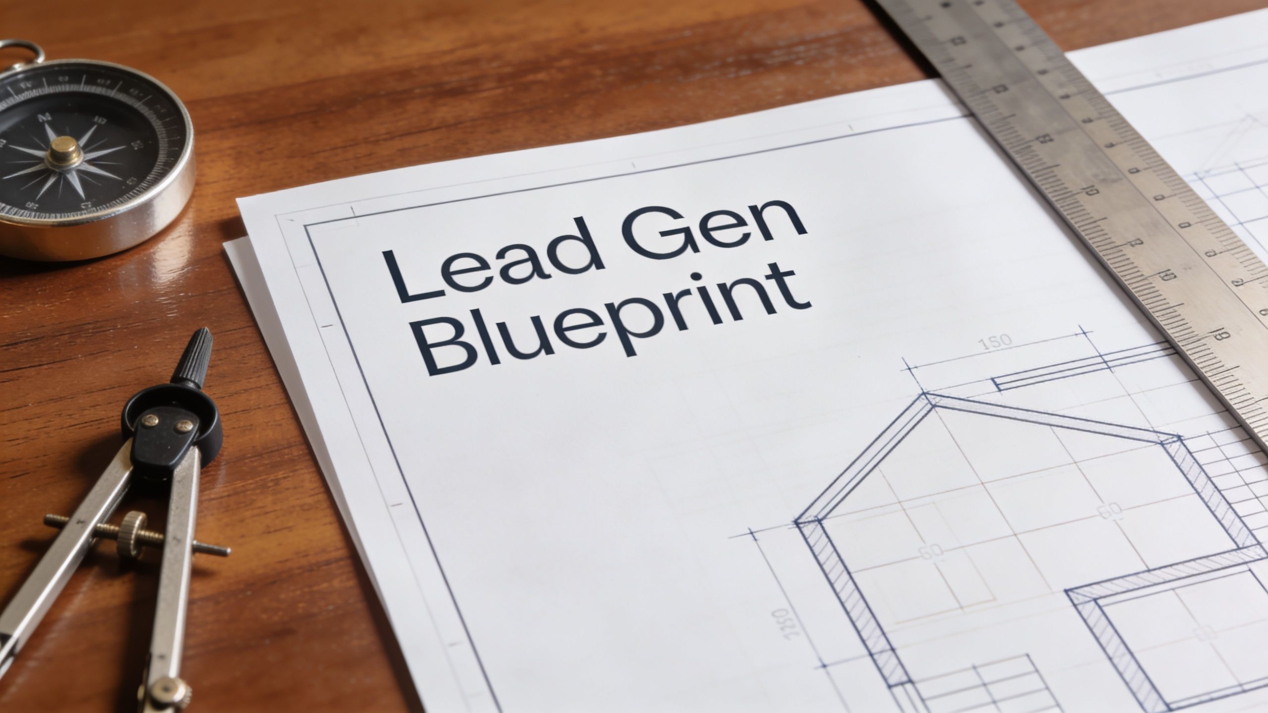 A blueprint titled Lead Gen Blueprint sits on a wooden desk with a compass and a ruler.