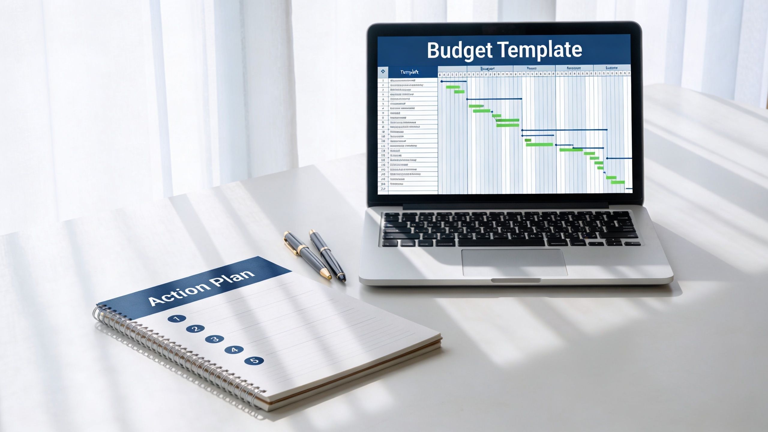 Laptop displaying a budget template next to an action plan notebook on a white office desk.