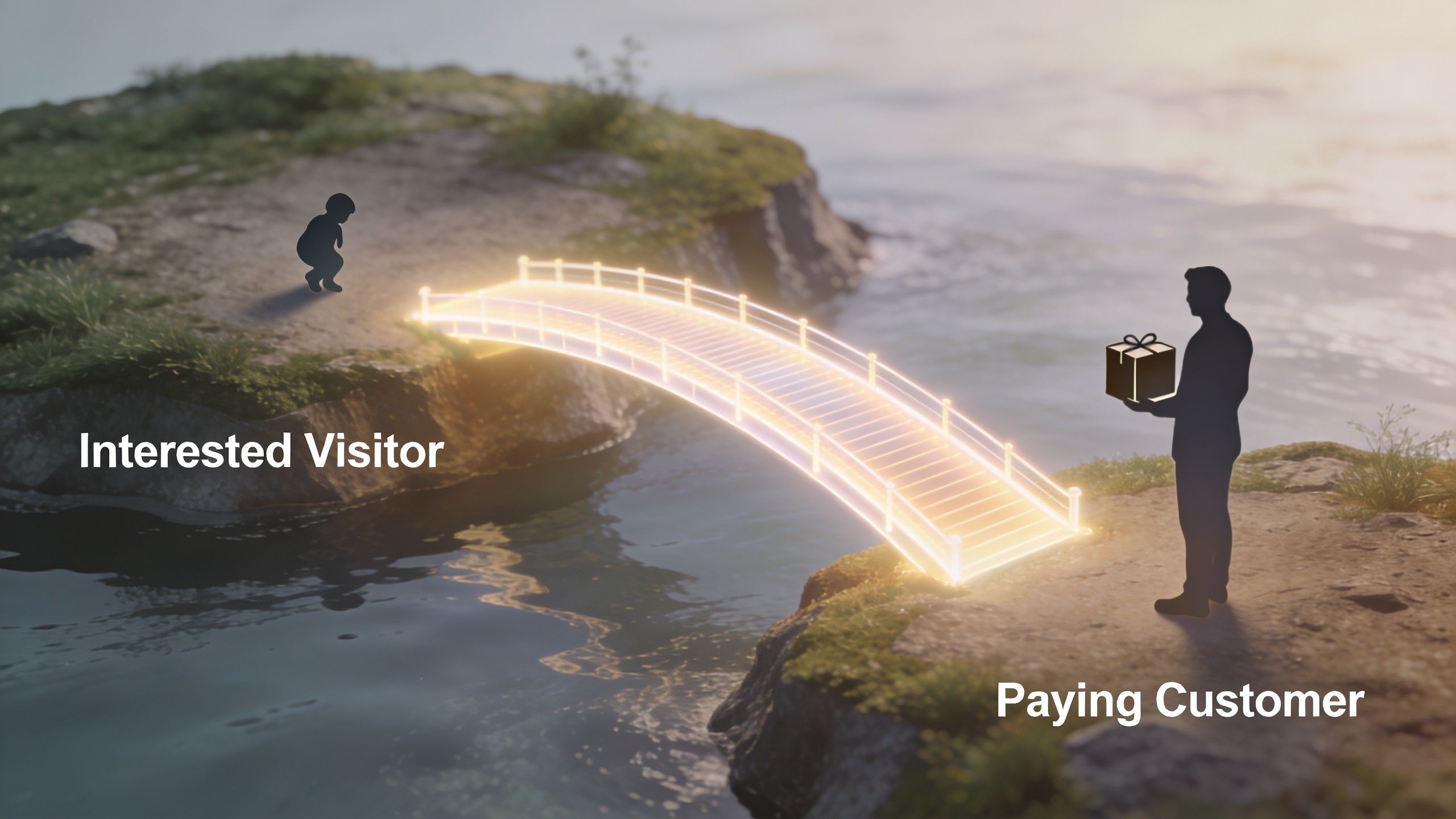 A conceptual illustration showing a bridge connecting an interested visitor to a paying customer holding a gift.