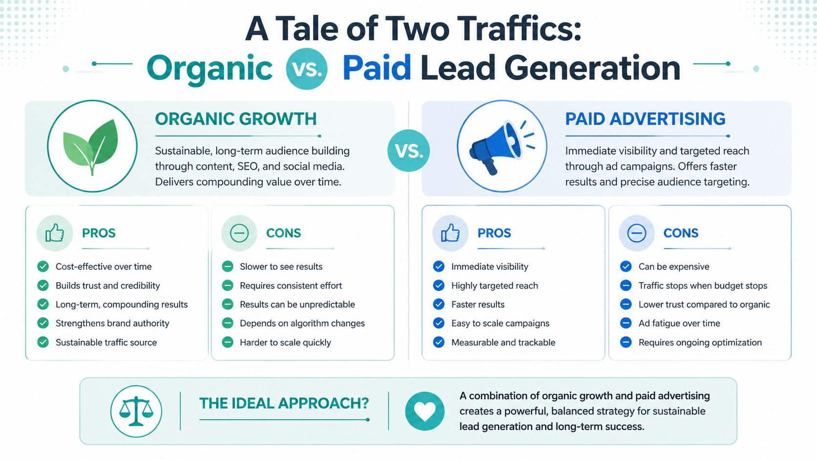 A comparison infographic detailing the pros and cons of organic growth versus paid advertising for lead generation strategies.