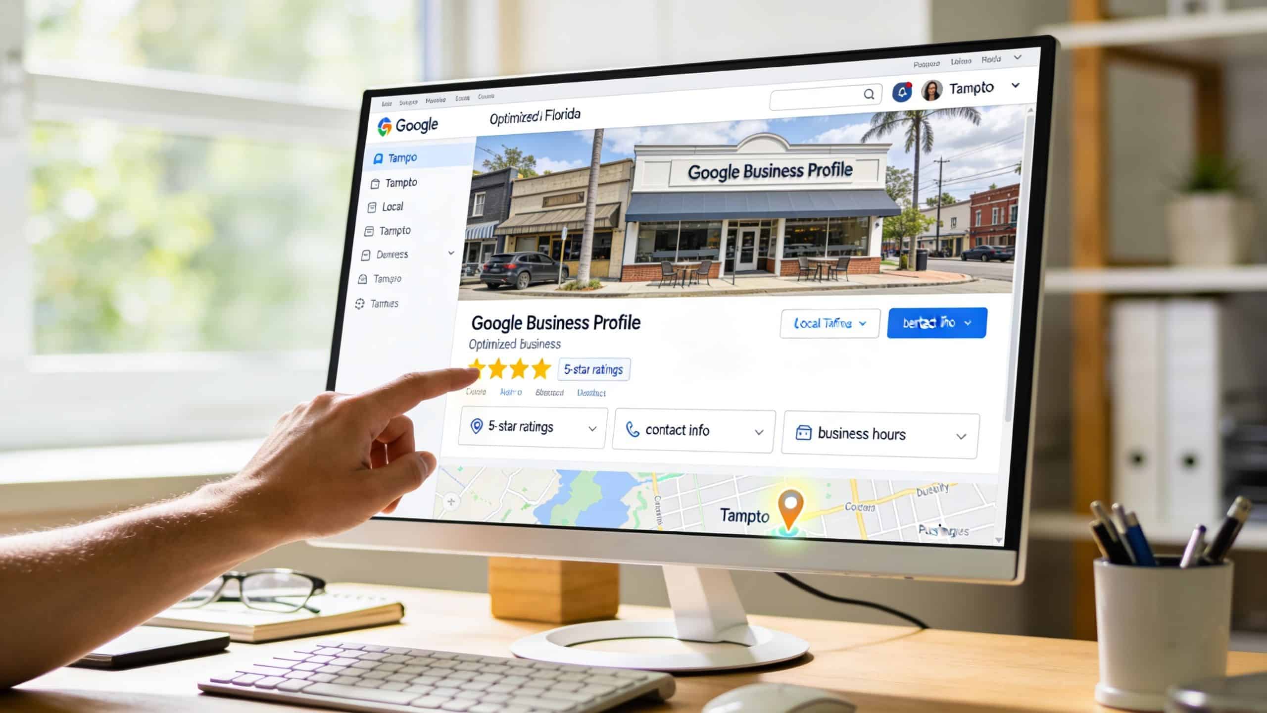 A person pointing at a Google Business Profile on a computer screen for local search optimization.