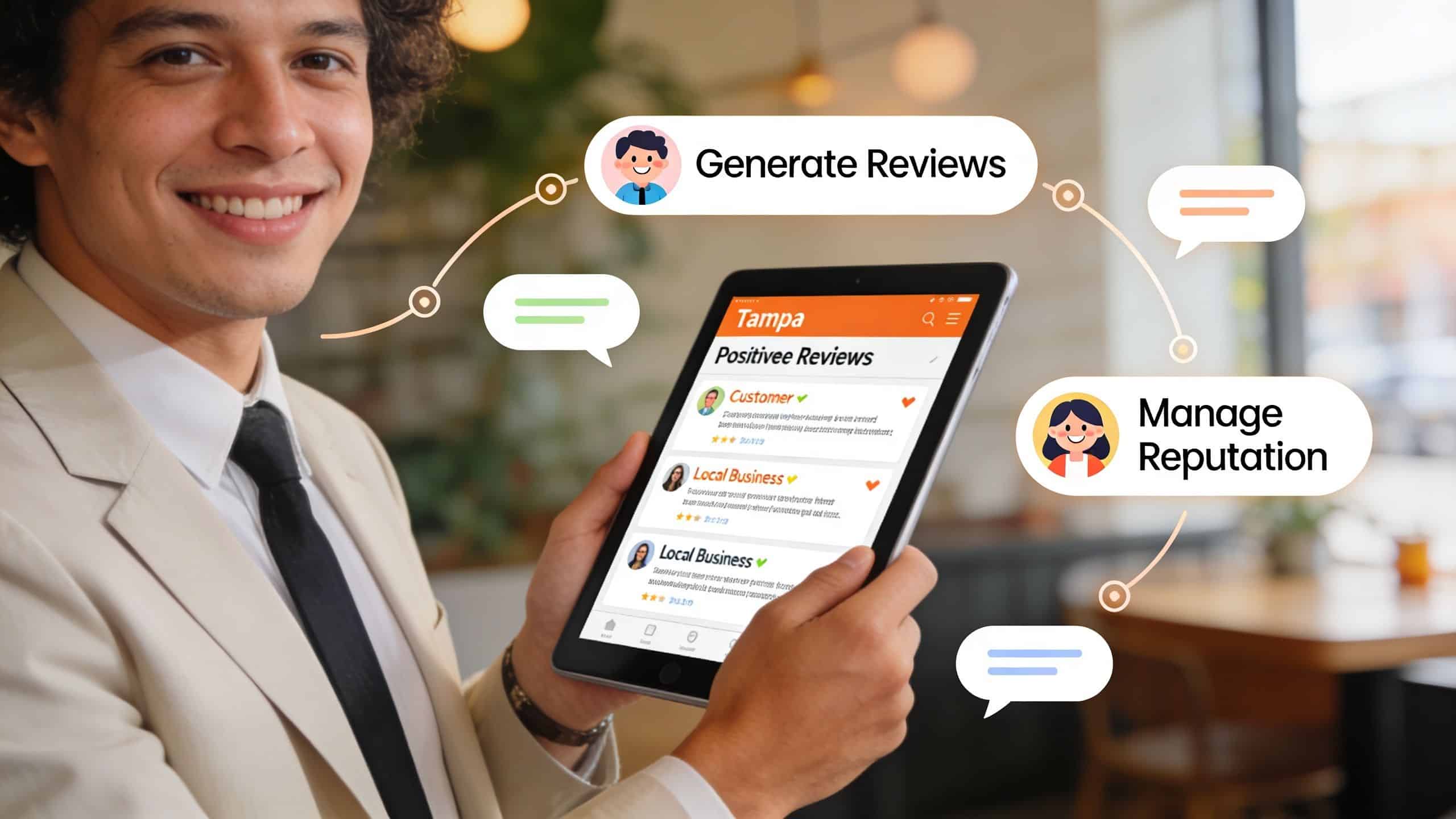 A professional man holding a tablet displaying local reviews for a business in Tampa.