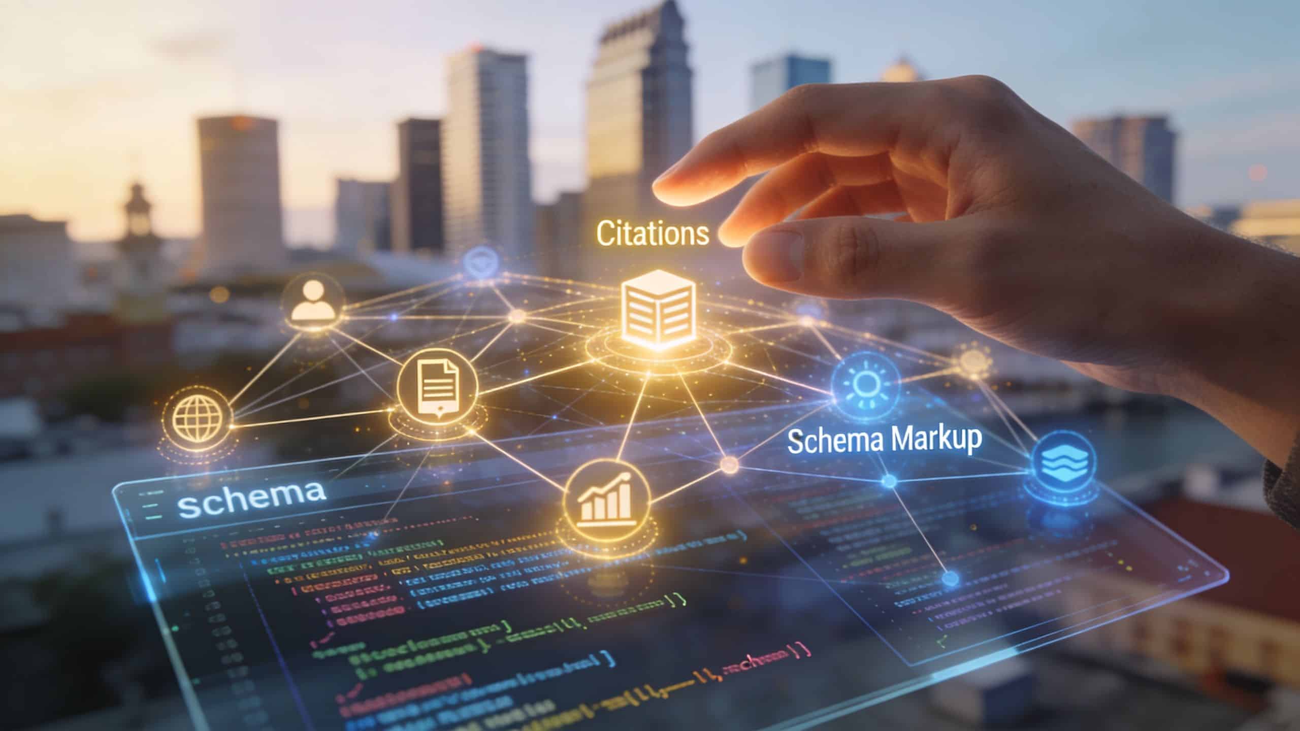 A hand interacting with a holographic interface showing schema markup data connections over a Tampa city skyline.
