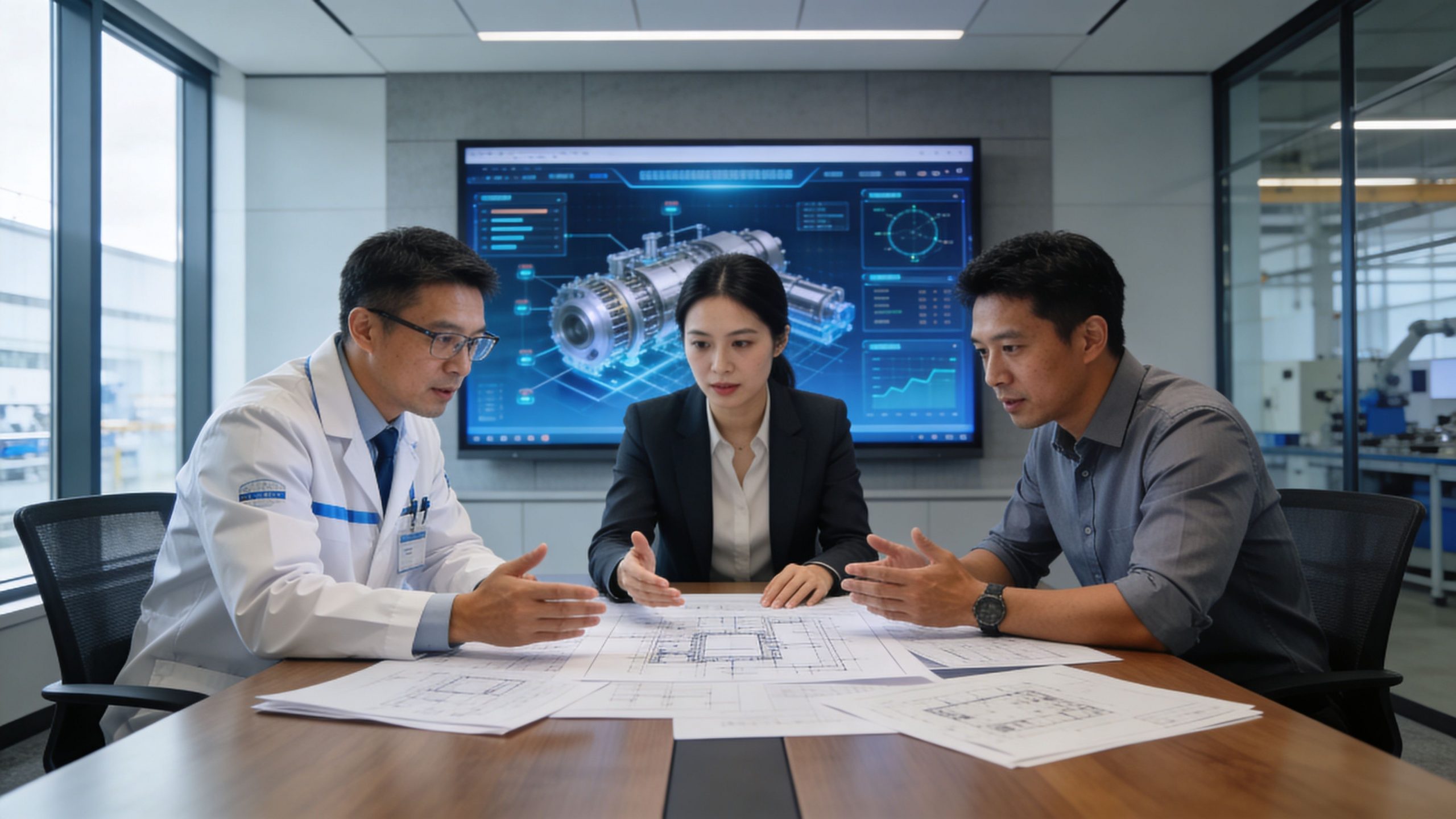A professional team of engineers discussing technical blueprints in a modern office with digital displays.
