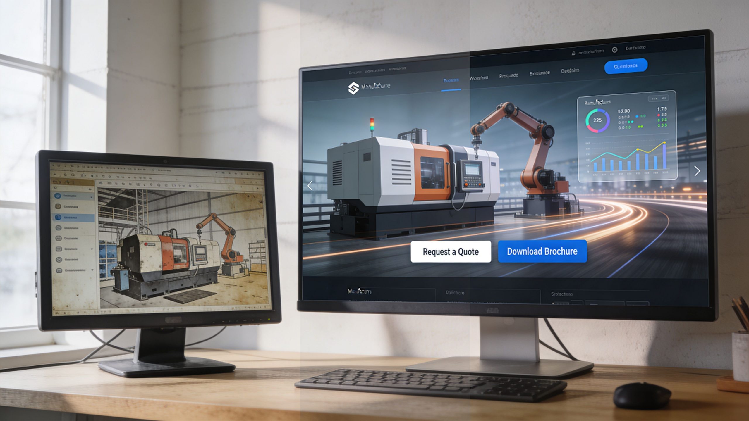 A dual monitor setup displaying industrial machinery software designs on a clean wooden office desk.