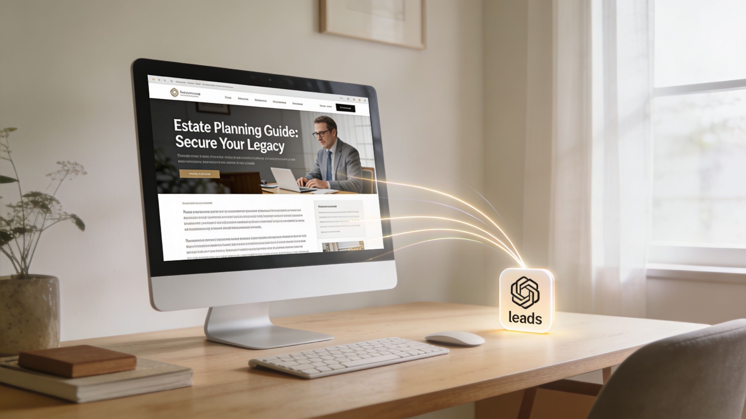 A modern office desk featuring a computer screen displaying estate planning content connected to an AI-powered lead generation tool.