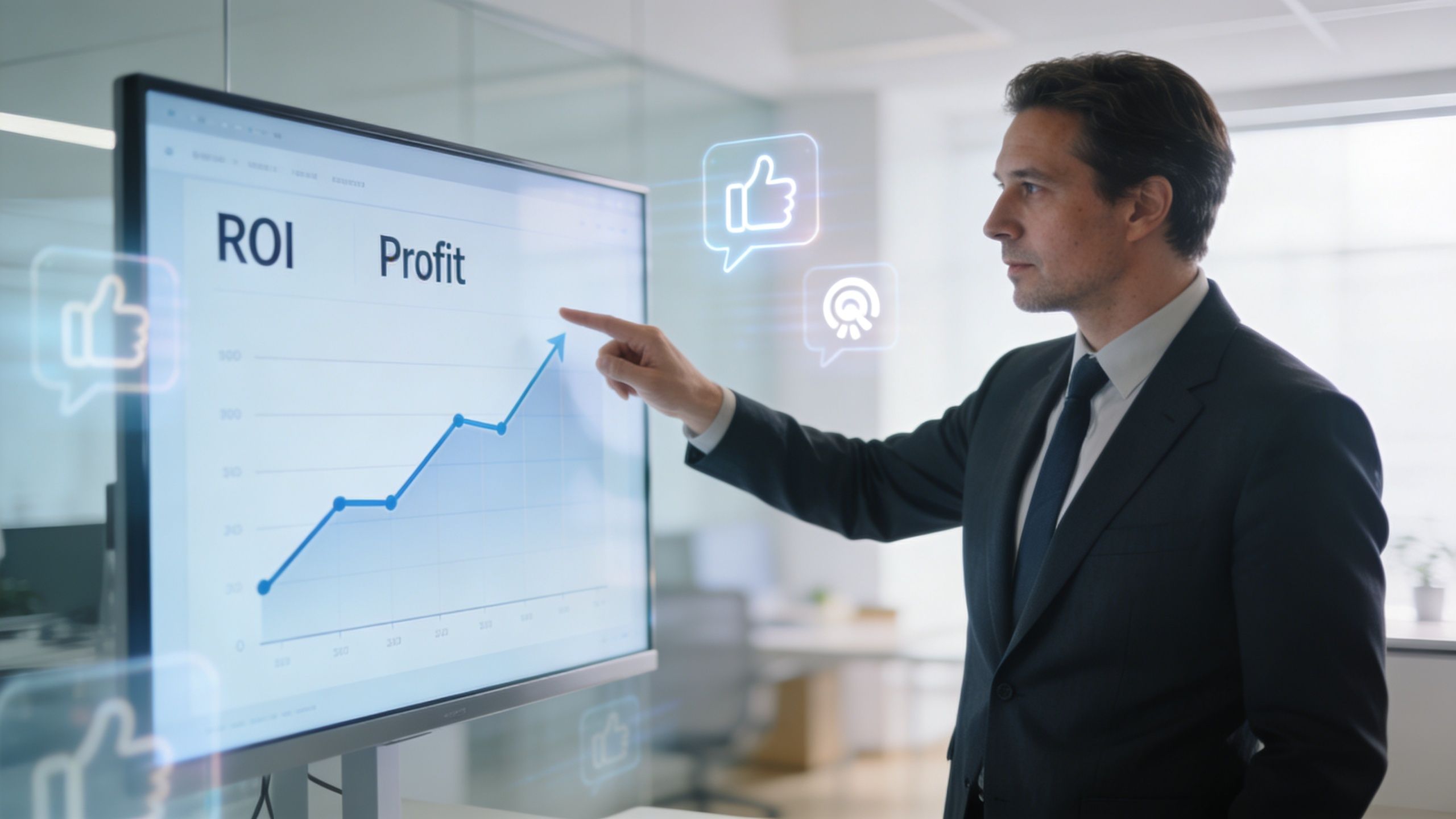 A professional man in a suit pointing at an upward trending profit chart on a digital screen.
