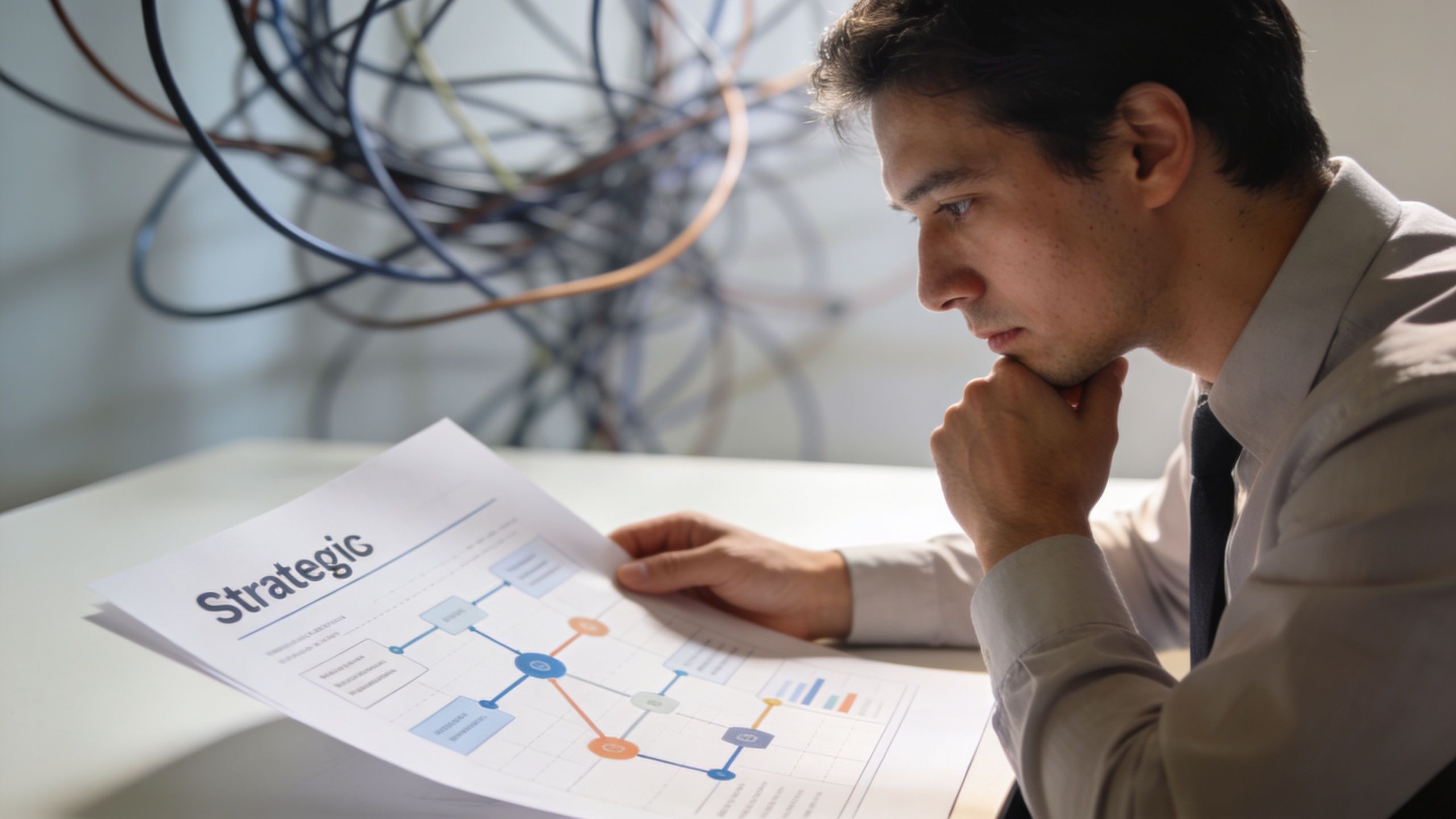 A professional man sitting at a desk and reviewing a document with a strategic business diagram.