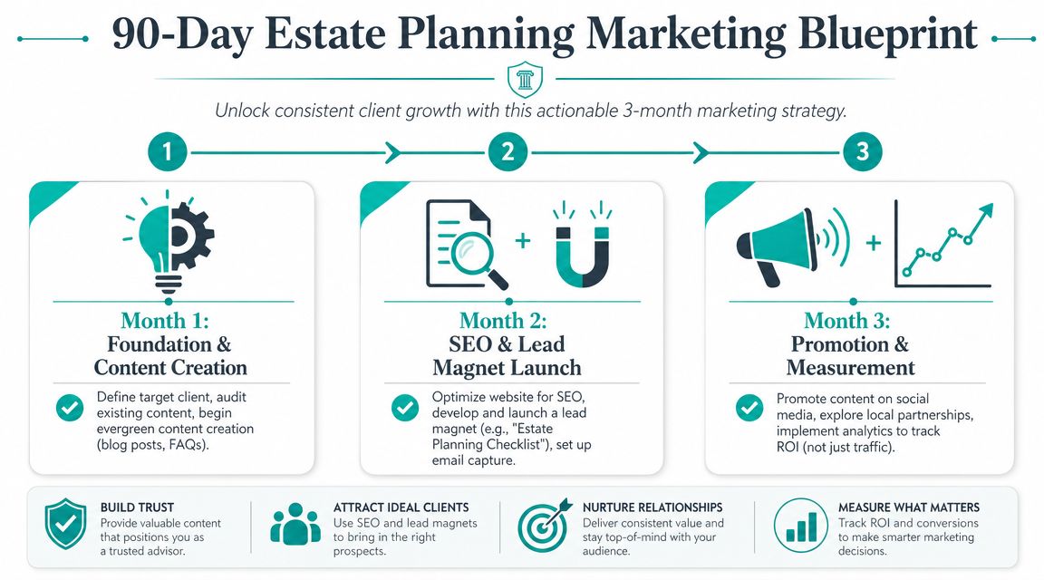 A 90-day marketing blueprint infographic for estate planning lawyers focusing on content, SEO, and lead generation.