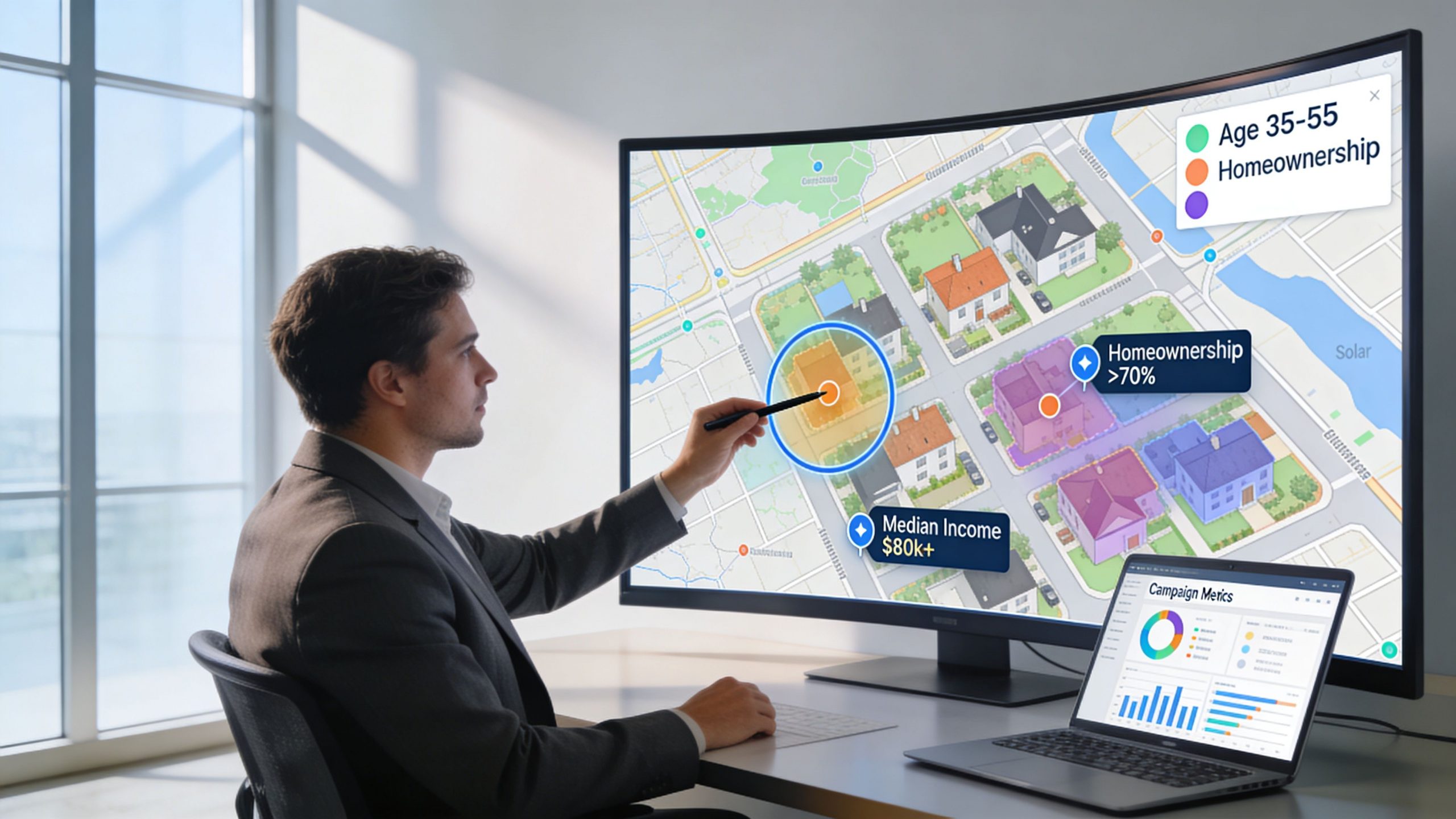 A professional analyzing solar power marketing data on a large interactive map displayed on a curved screen.