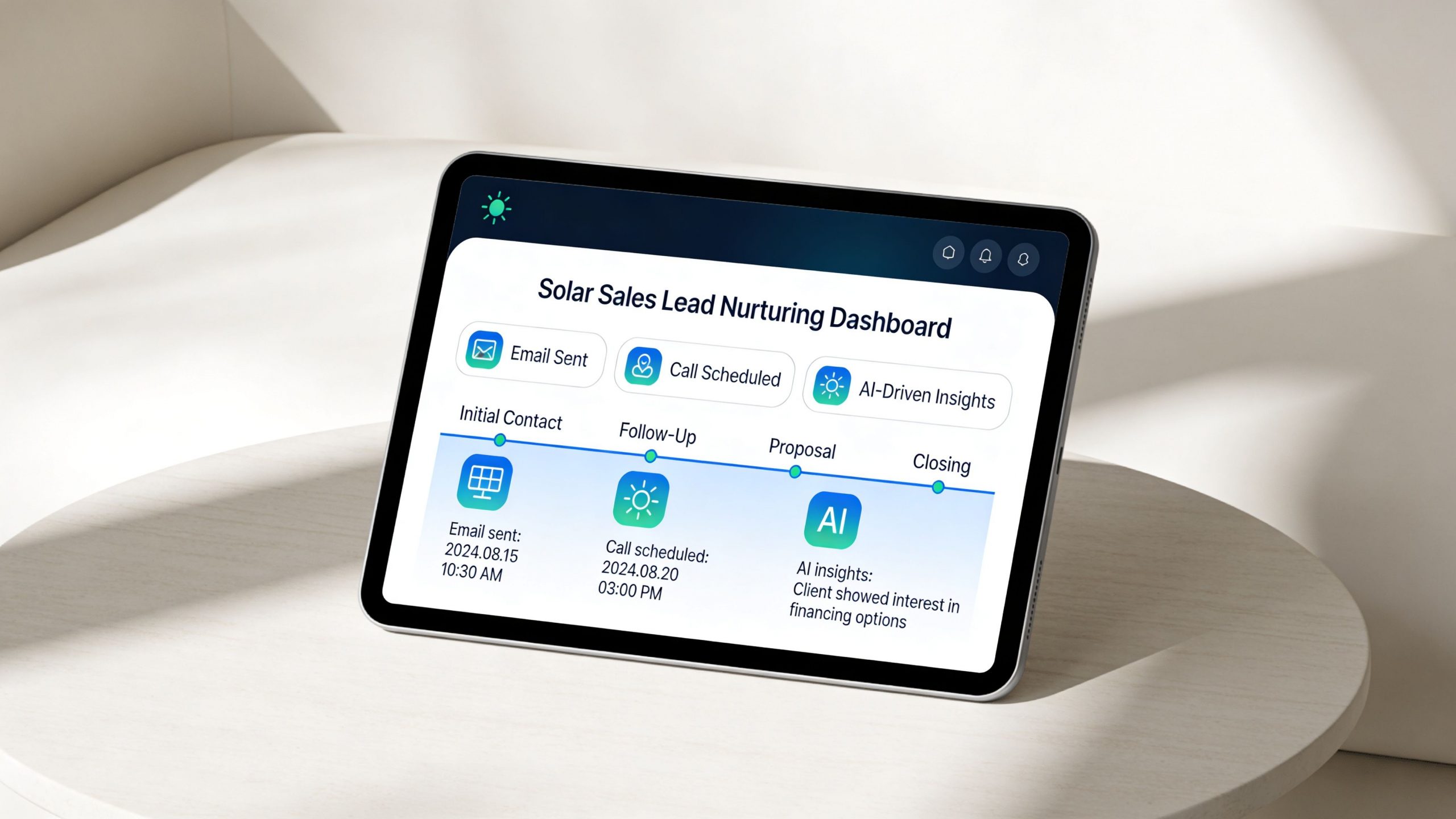 A digital tablet displaying a solar sales lead nurturing dashboard on a wooden round table surface.