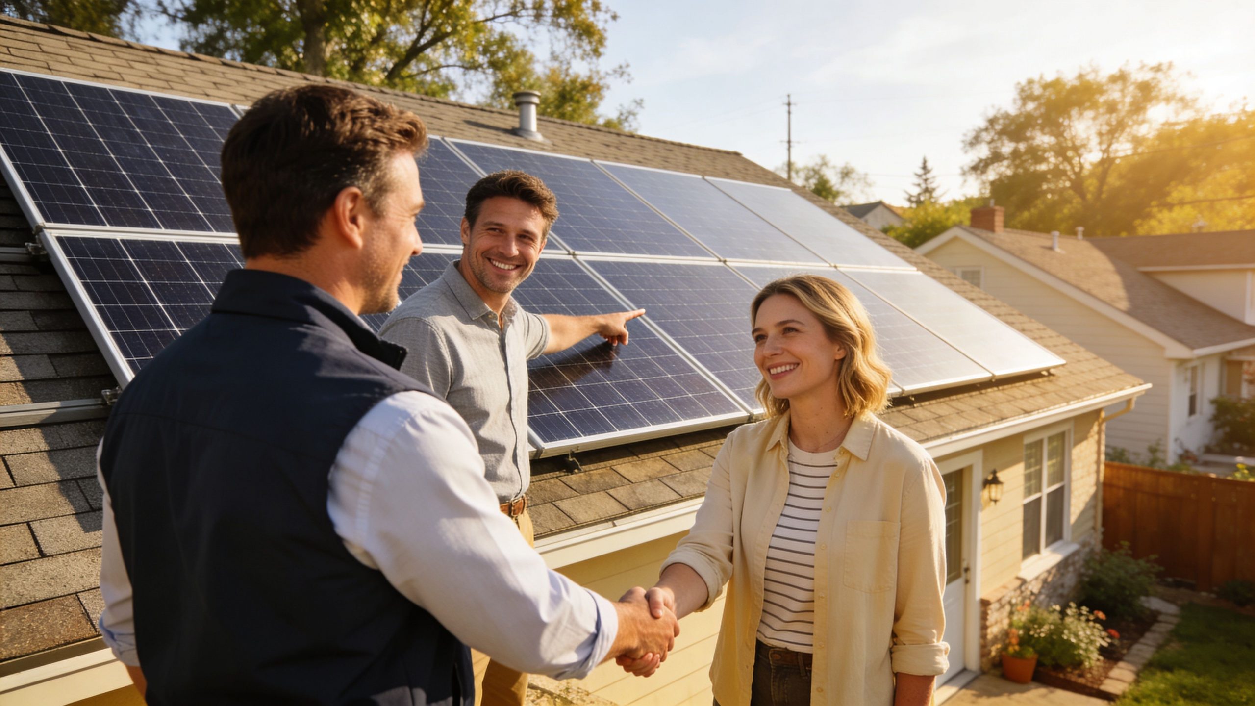 A professional solar installer shaking hands with a happy couple in front of their solar panel installation.