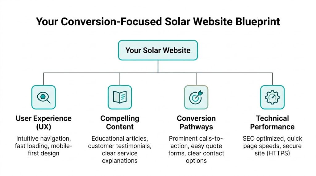 A diagram outlining the key components for creating a conversion-focused solar website, including UX, content, and performance.
