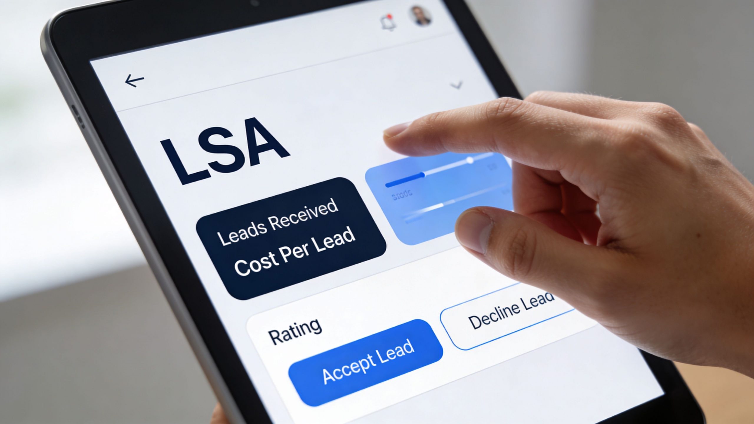 A person using a tablet to navigate a local service ads control panel interface.