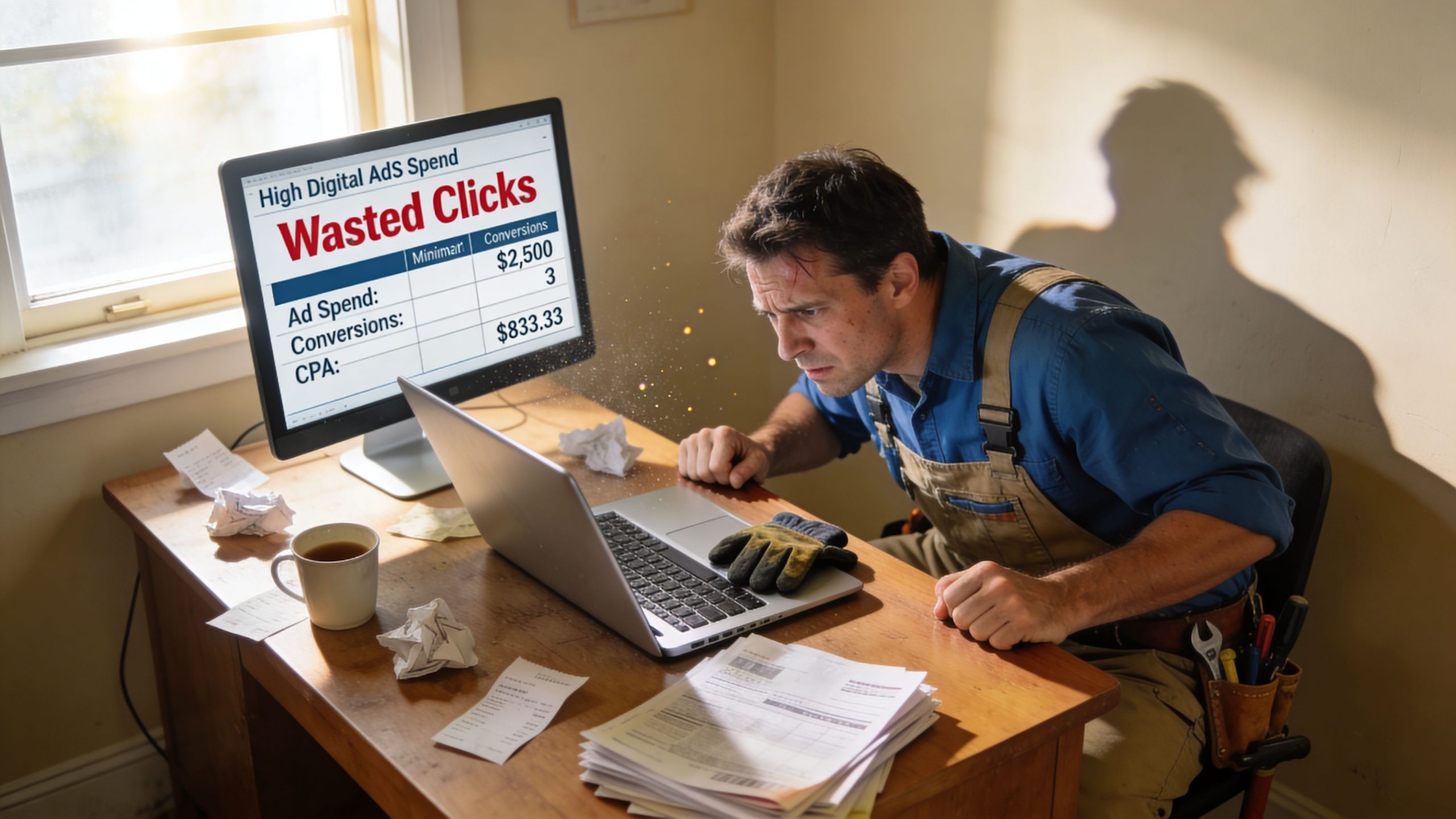 A frustrated tradesman wearing work clothes staring at a computer screen showing high wasted digital ad spend.