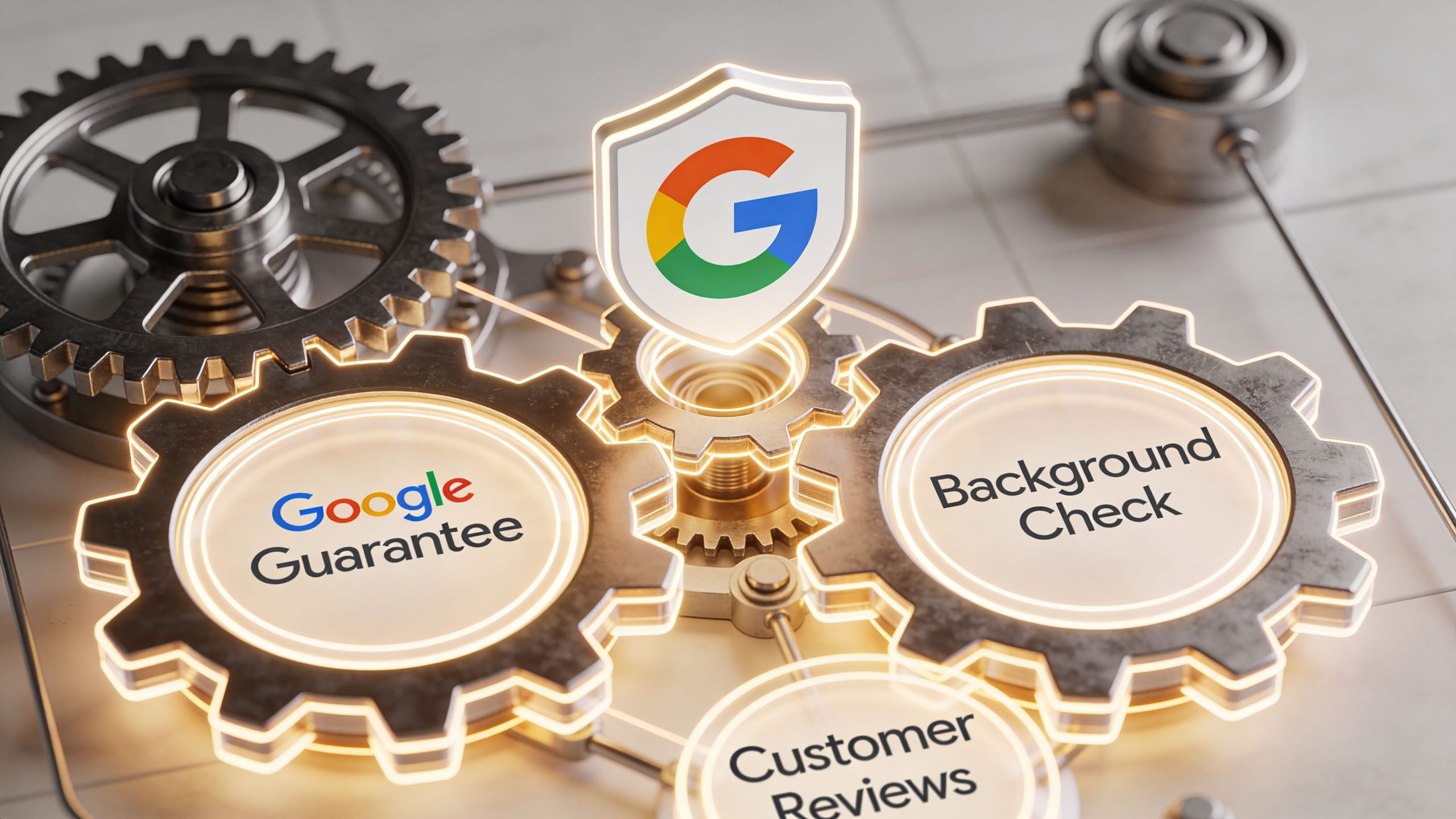 A conceptual 3D render showing gear symbols representing Google Guarantee, background checks, and customer reviews service features.