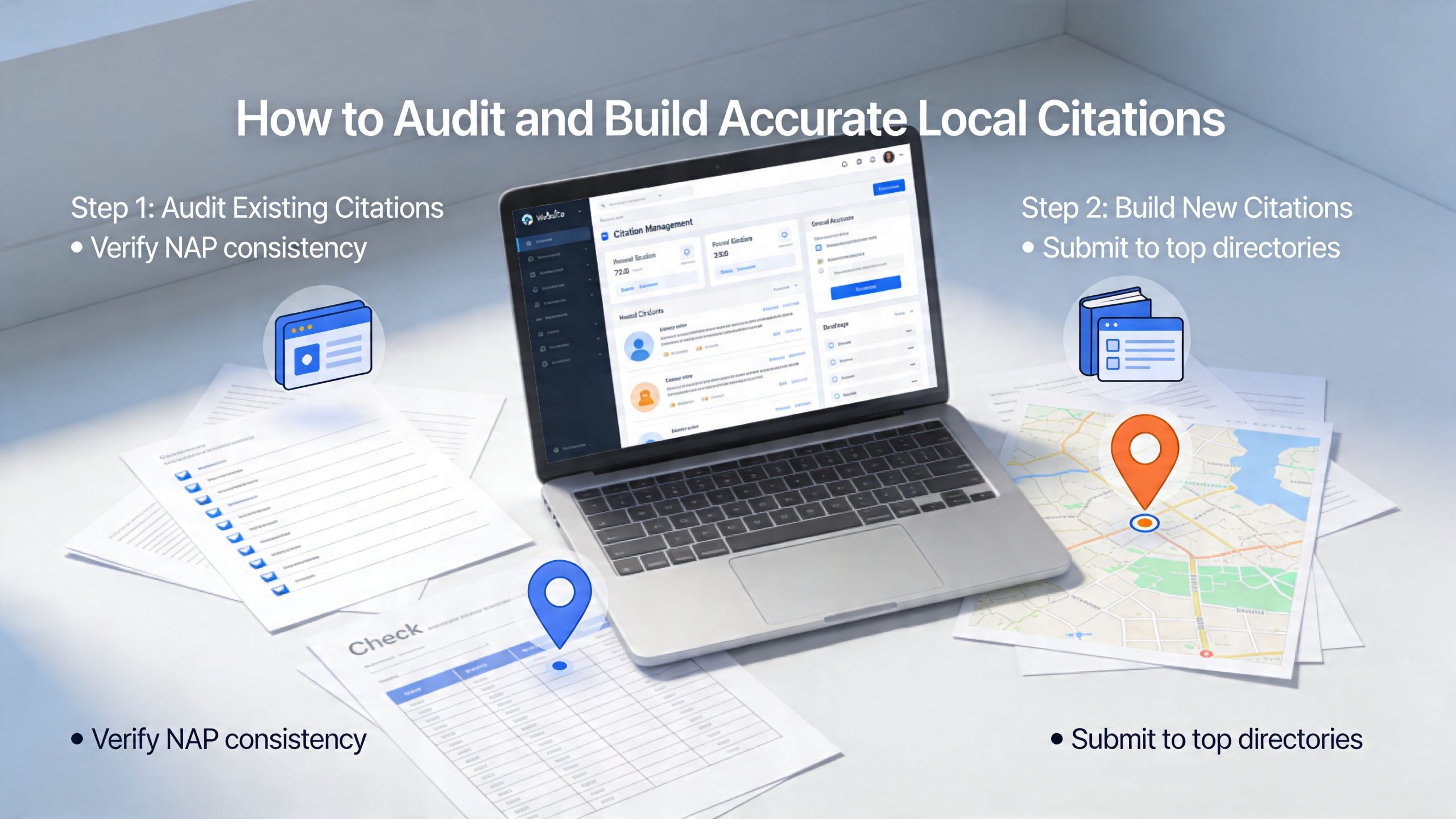 A laptop displaying a local citation management dashboard surrounded by audit checklists and maps for SEO strategy.