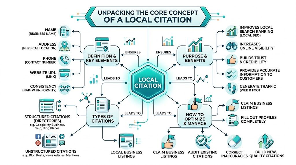 A comprehensive infographic explaining the definition, benefits, types, and optimization strategies for local business citations.