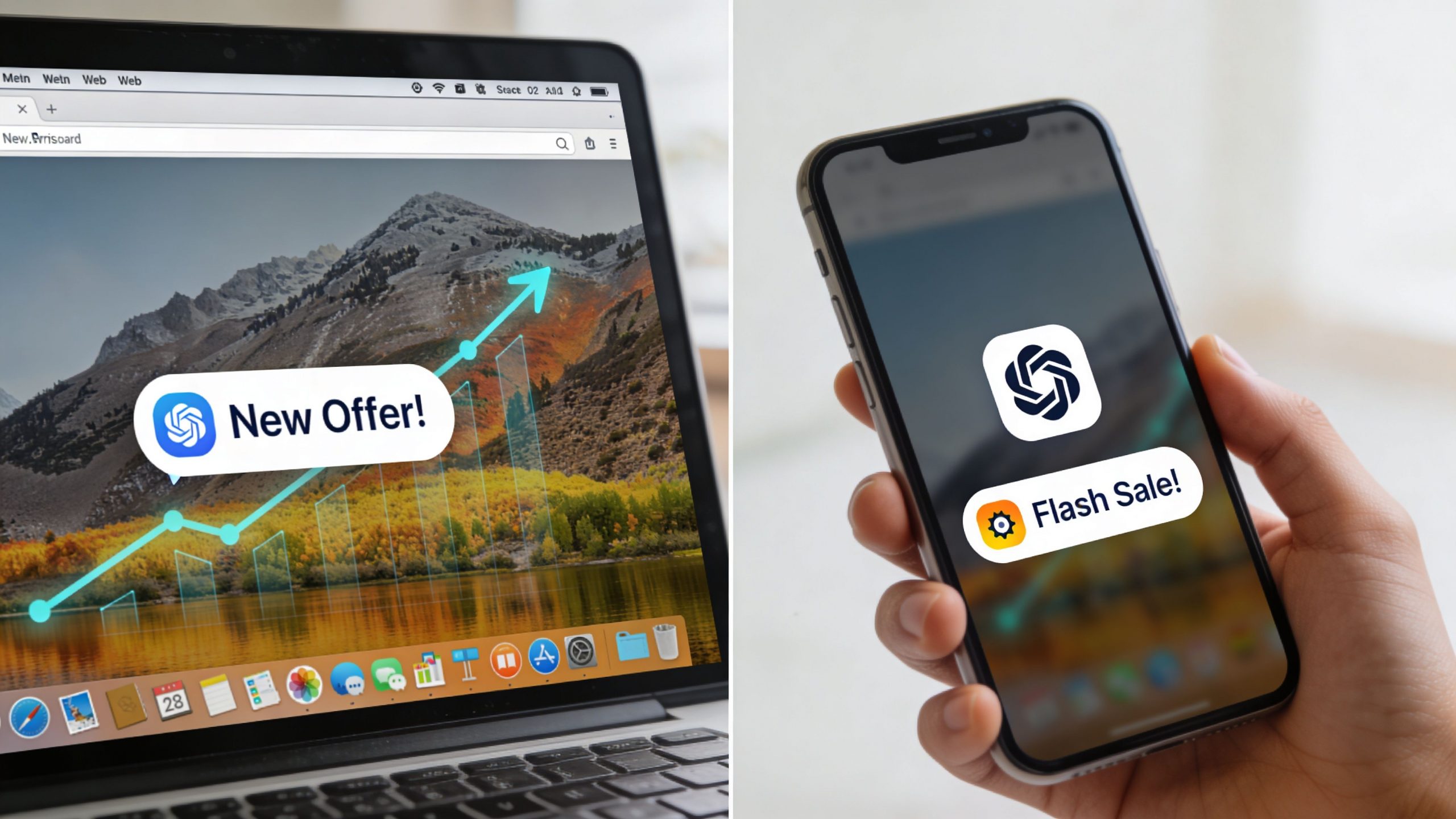 A split-screen view of a laptop and a smartphone displaying digital push advertising notifications on screen.
