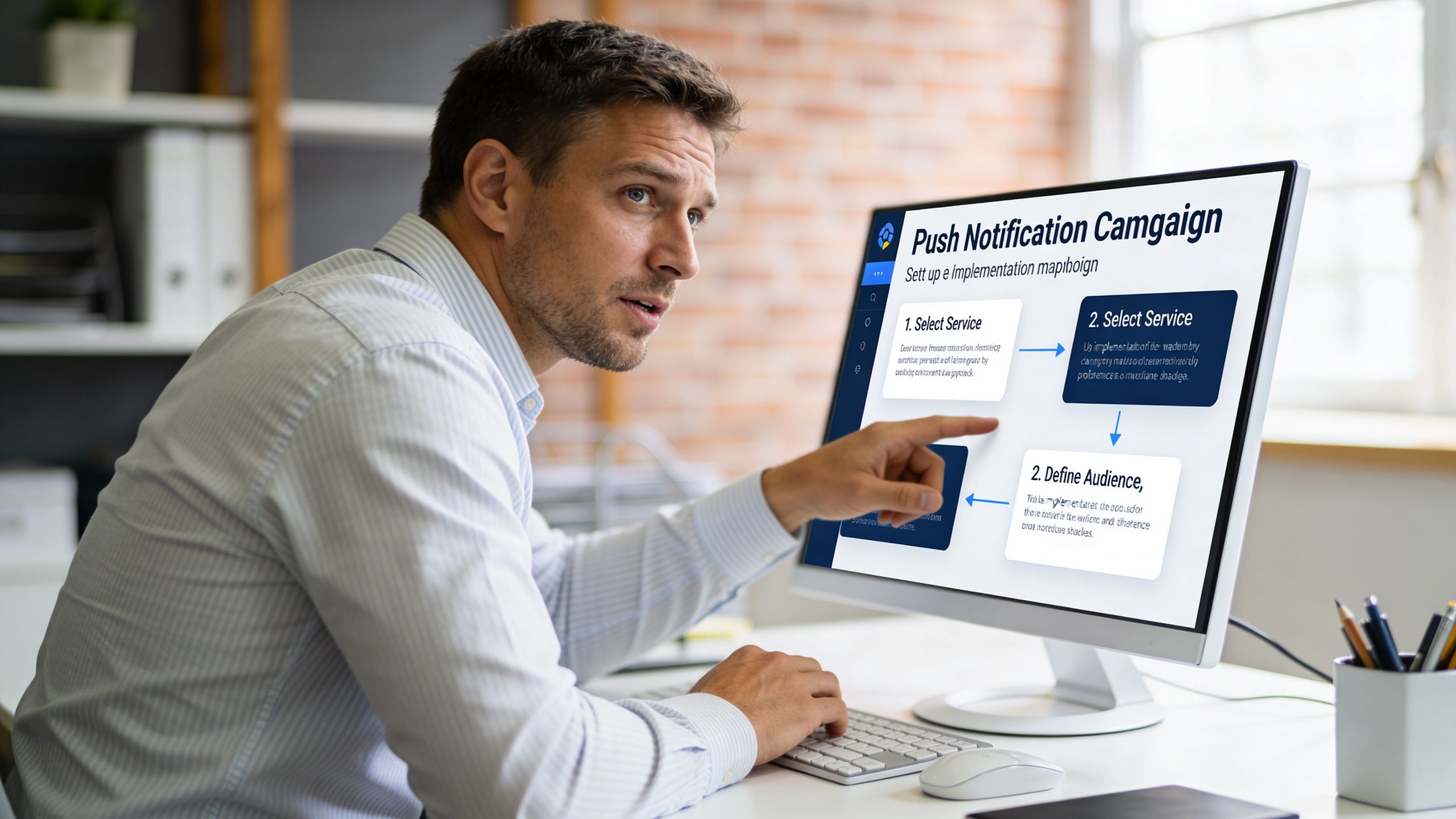 A professional man pointing at a computer screen displaying steps for setting up a push notification campaign.