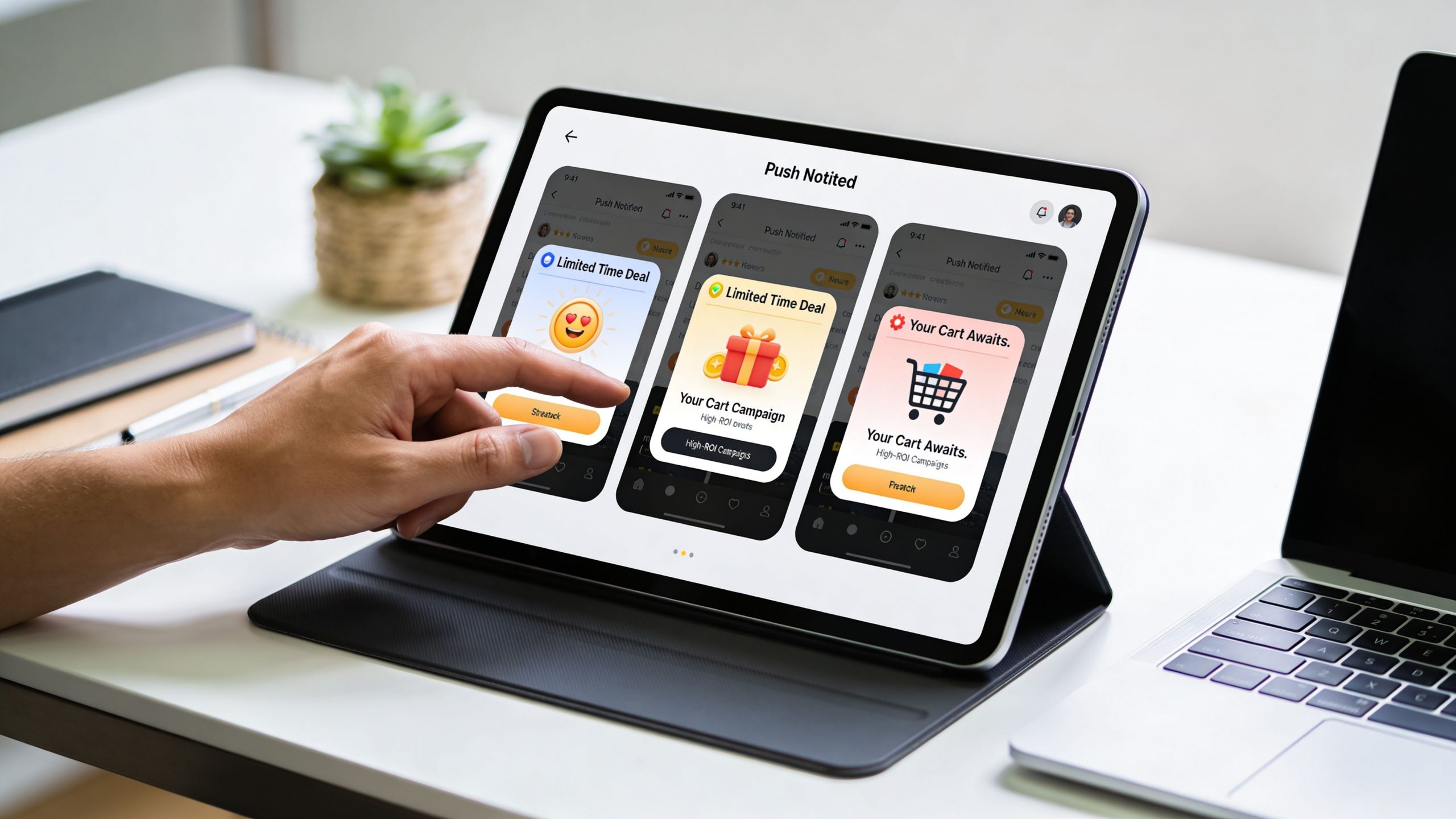 A person interacting with a tablet displaying a push notification marketing campaign interface.