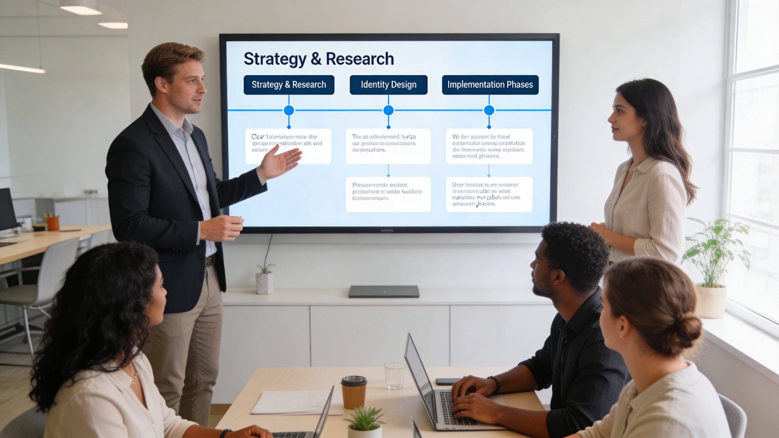 A professional team in a modern office meeting, discussing business strategy while looking at a large digital screen.