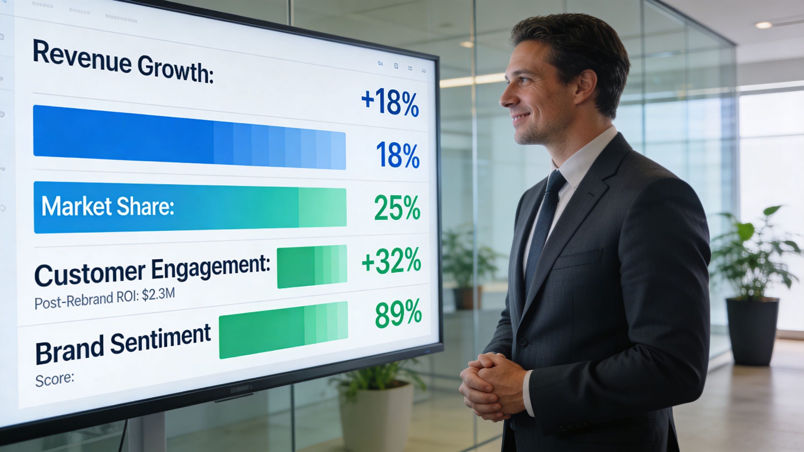 A professional man in a suit looking at a large digital screen displaying company growth metrics.