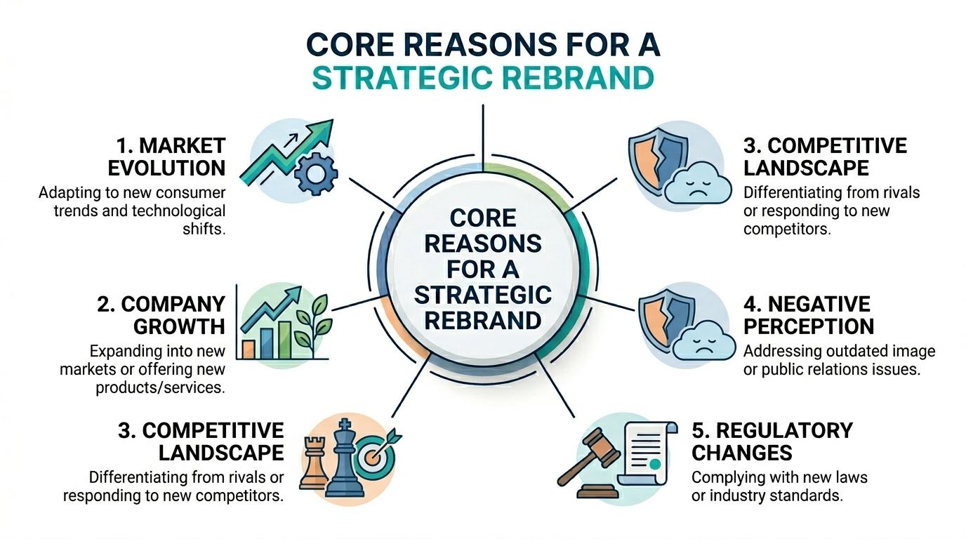 A diagram outlining five core reasons for a strategic corporate rebrand, including market evolution and growth.
